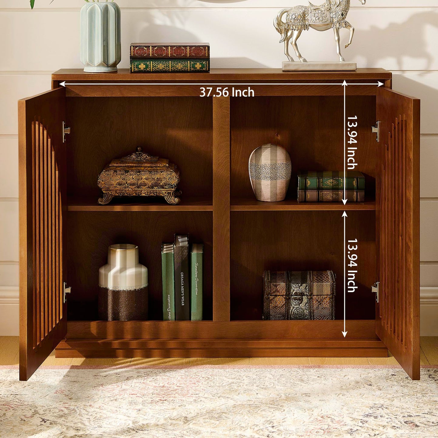 KEIKI 39" Mid Century Modern Fluted Sideboard Cabinet with Storage & Outlet Holes, Narrow Buffet Cabinet, Solid Wood + MDF, for Living Room, Entryway, Hallway, Kitchen, Coffee Bar, Brown