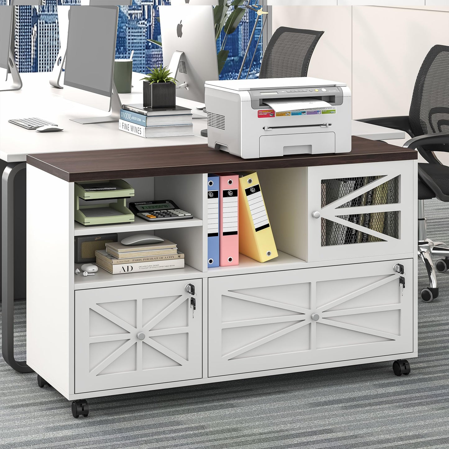 kepptory 2 Drawer File Cabinet with Lock, Rolling File Cabinet for Home Office Fits Files Letter/Legal/F4/A4, Filing Cabinet 2 Drawer with Adjustable Shelf & 2 Lockable Wheels (White + Brown)