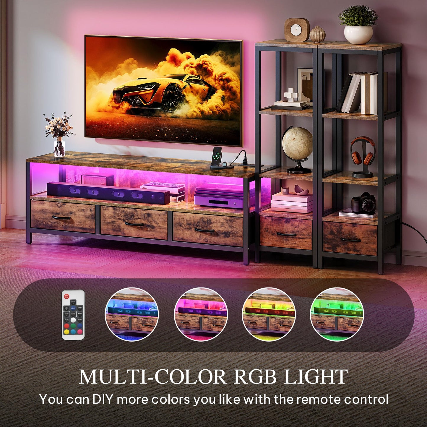 YITAHOME TV Stands for 65 inch TV Entertainment Center with 2 Industrial 4-Tier Bookshelves, LED TV Stands for Living Room, Modern Farmhouse TV Console Cabinet with Power Outlets, Rustic Brown
