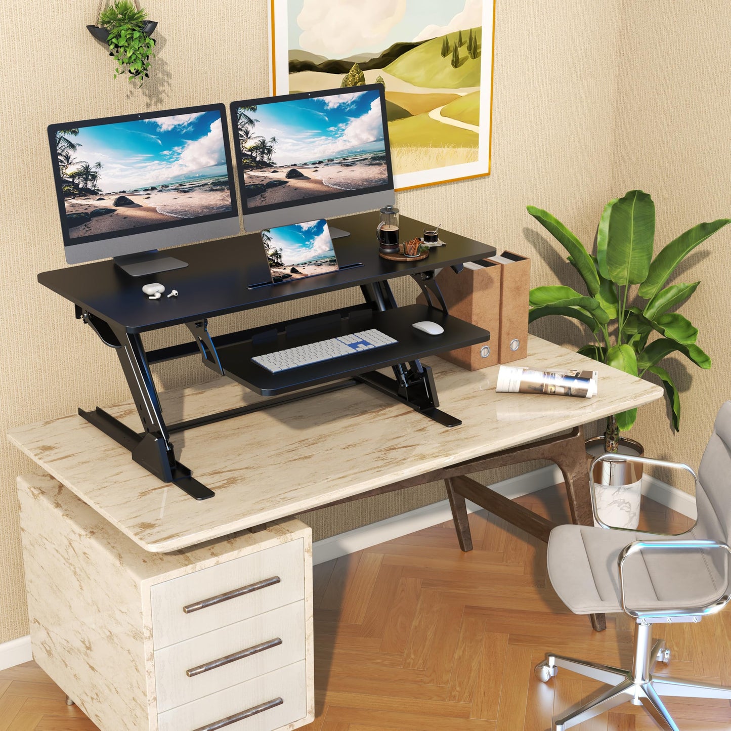 Lubvlook 42 inch Stand Up Desk Converter, Height Adjustable Sit Stand Desk Riser, Black, 42PB