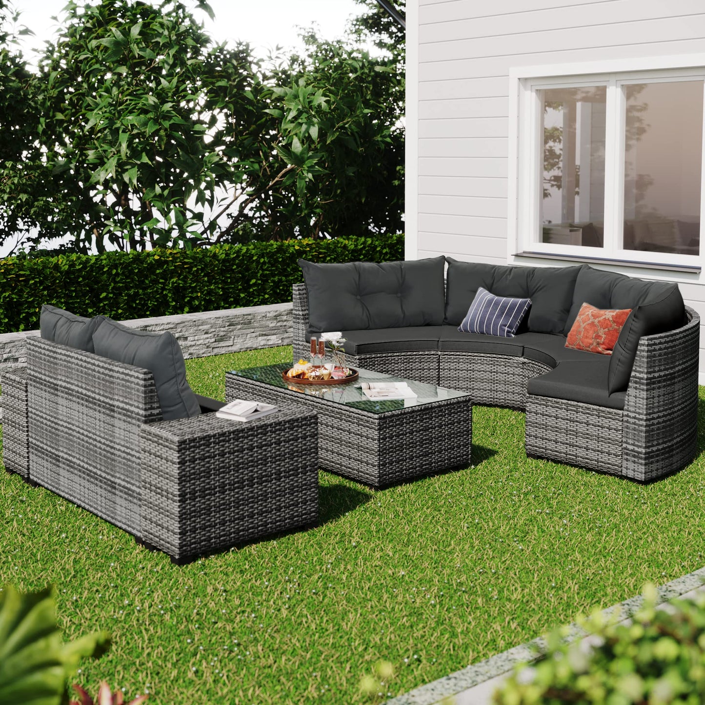 8-Piece Outdoor Wicker Round Sofa Set, Half-Moon Sectional Sofas with Cushions, PE Rattan Curved Lounge, Rectangular Coffee & Side Tables, Sturdy Patio Seating for Garden, Deck, Balcony, Gray