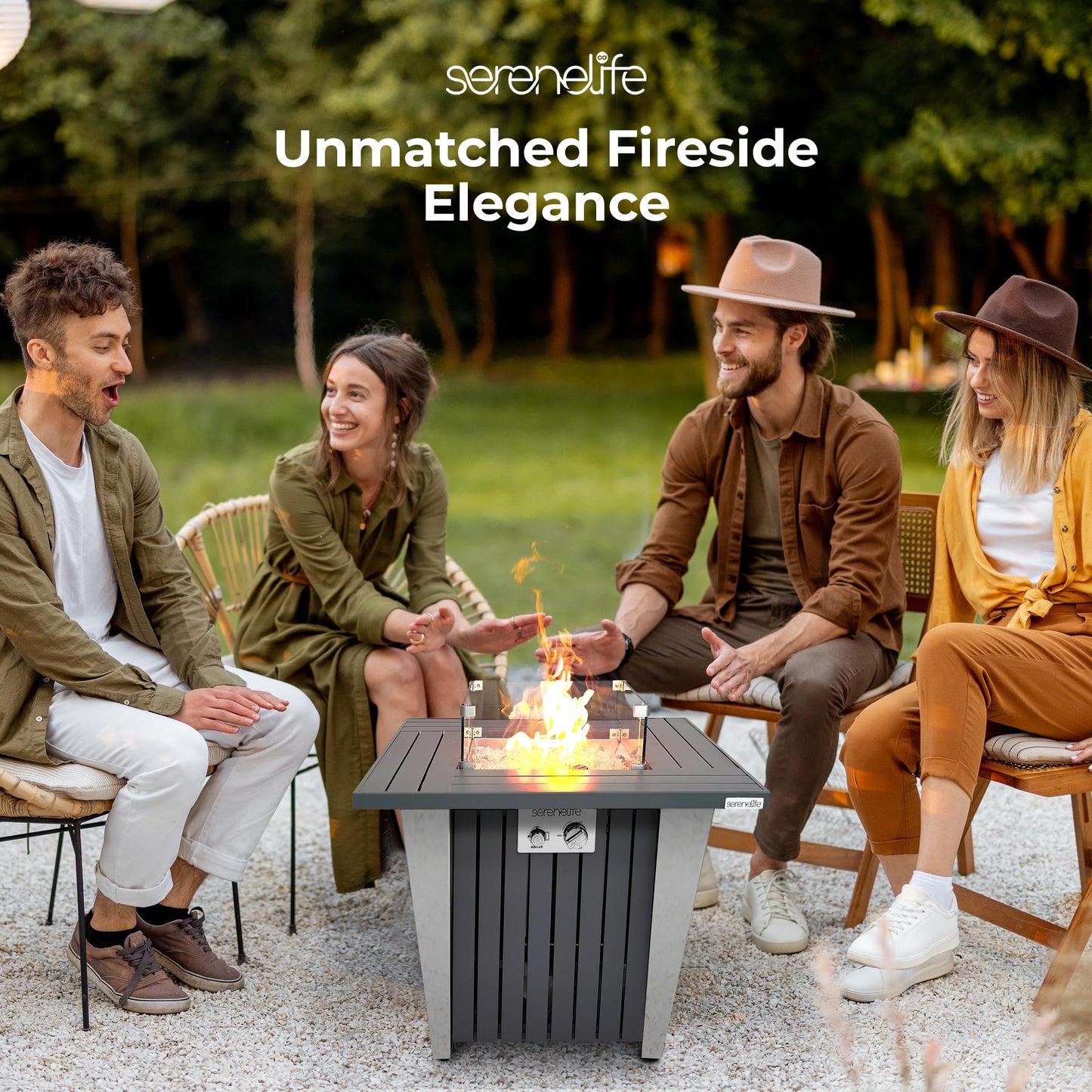 SereneLife Outdoor Propane Fire Pit Table, 50,000 BTU Square Fire Table with Stainless Steel Lid, Durable Legs, Adjustable Flame, Weather Cover, Perfect for Patio & Garden, 31.5” x 31.5” x 24.8”