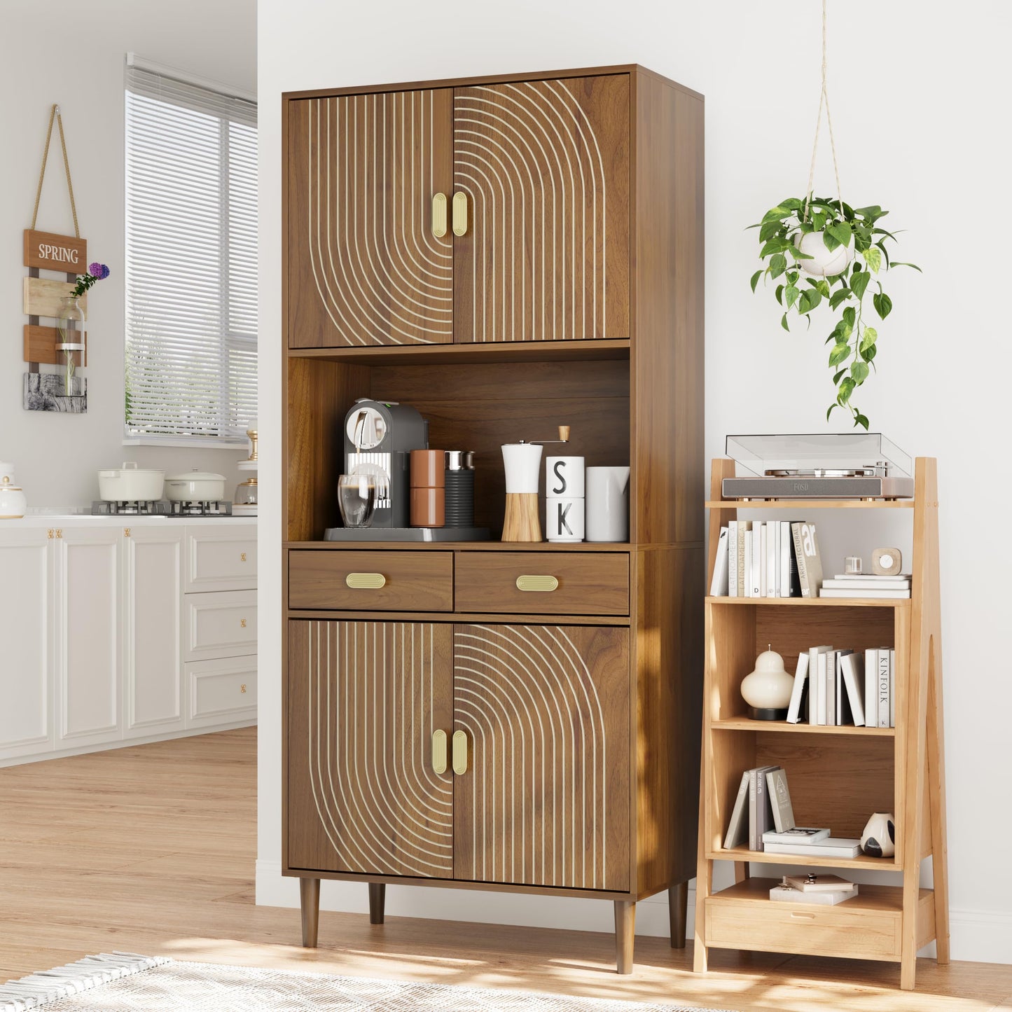 Smart FENDEE 70.87" Tall Kitchen Pantry Cabinet with Line Grooved Doors, Storage Cupboard with 2 Drawers, Adjustable Shelves & Gold Handles for Dining Room, Bathroom, Walnut