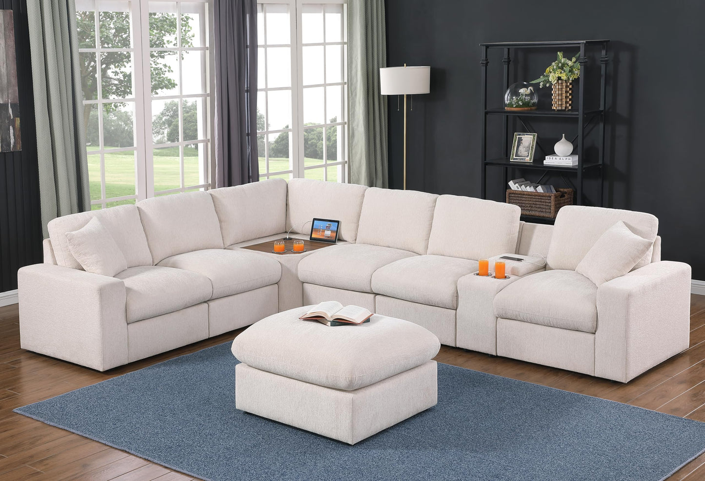 Ball & Cast 127" Oversized Modular Sectional Sofa L-Shaped,Large Chenille Upholstered Couch 7 Seat with Ottoman,Cup Holders & USB Ports,Comfty Sectionals W/Pillows & Storage Box,for Living Room,Beige