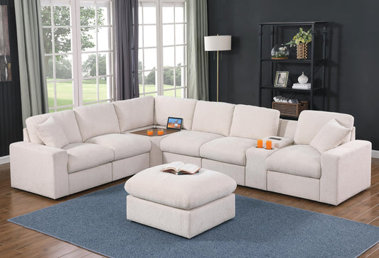 Ball & Cast 127" Oversized Modular Sectional Sofa L-Shaped,Large Chenille Upholstered Couch 7 Seat with Ottoman,Cup Holders & USB Ports,Comfty Sectionals W/Pillows & Storage Box,for Living Room,Beige