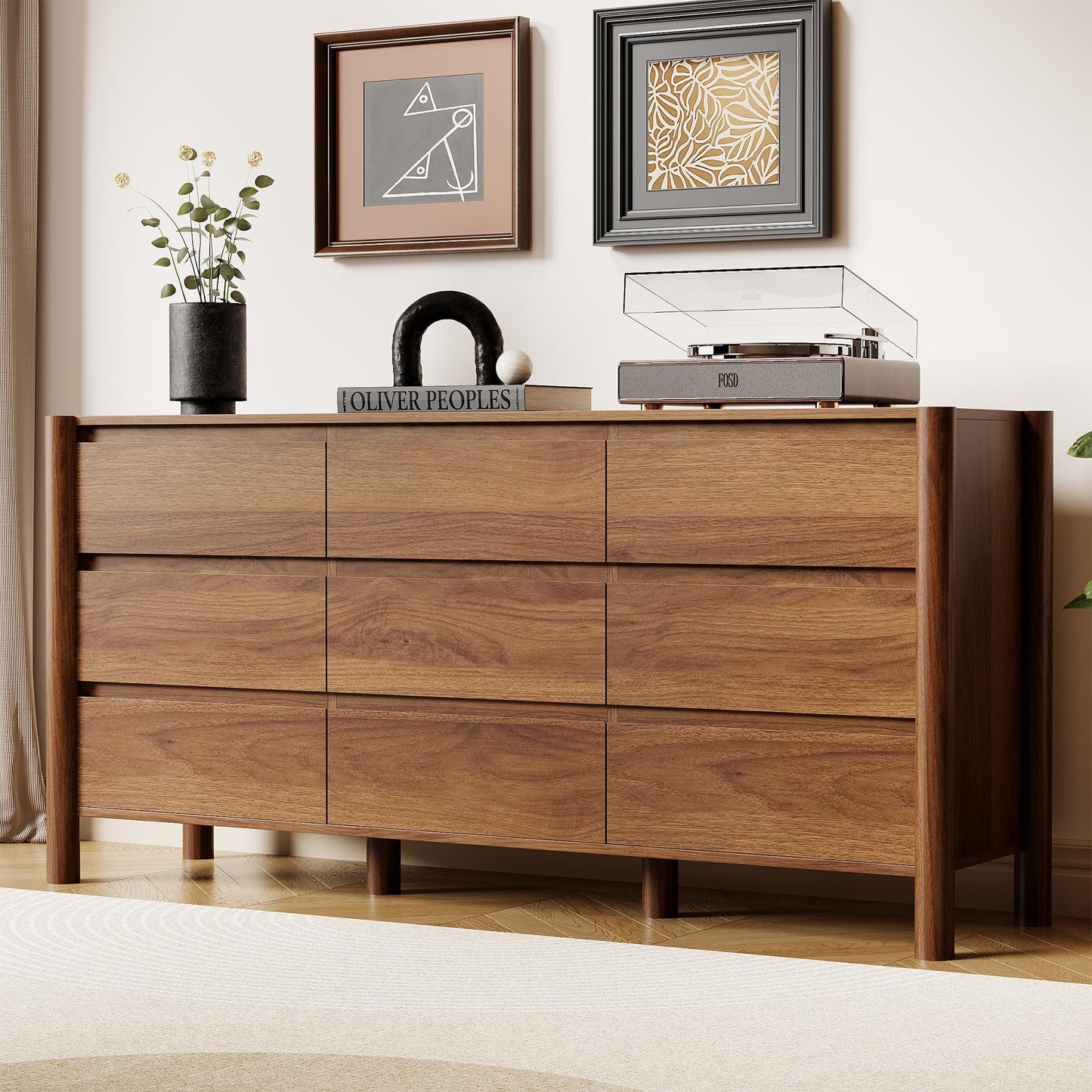 HOUROM 63" Wide 9-Drawer Dresser for Bedroom, Mid-Century Modern Chest with Solid Wood Legs, Concealed Handle,Large Wood Storage Organizer, Bedroom Storage,Walnut
