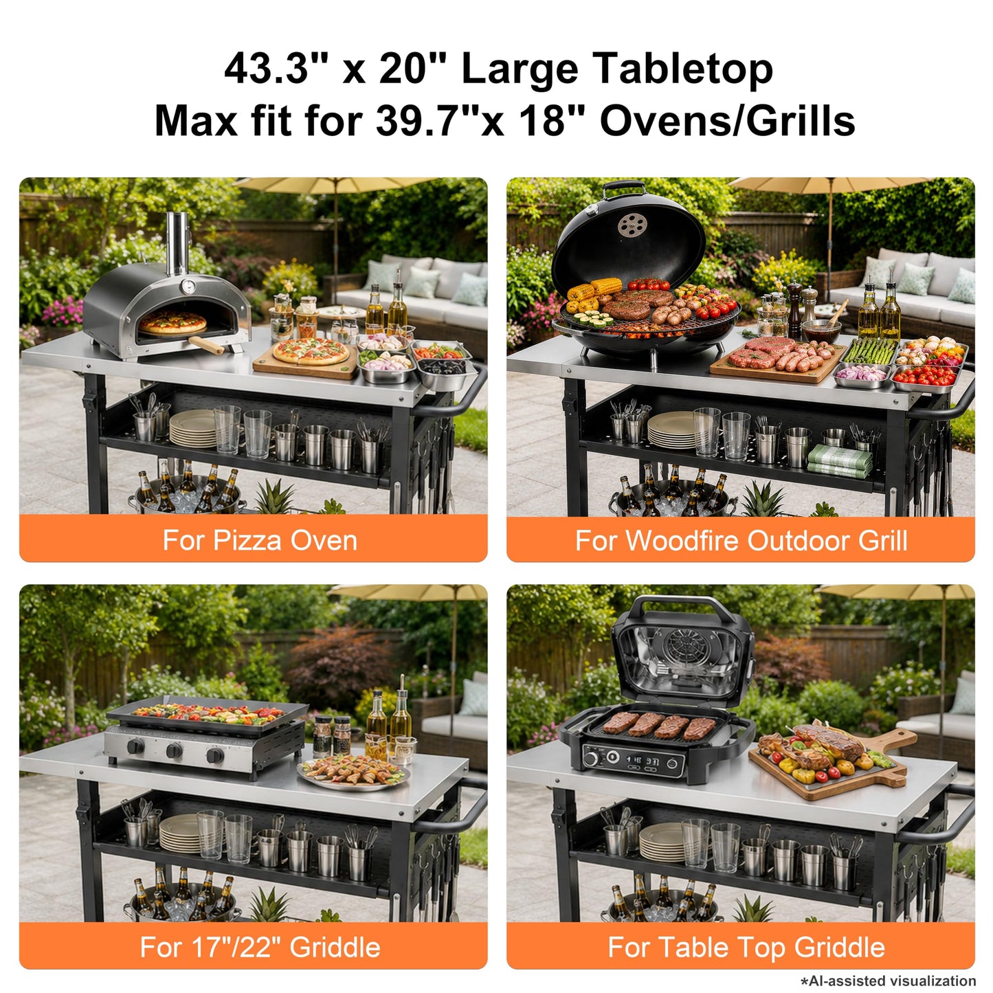 Outdoor Grill Cart for Blackstone/Ooni/Ninja, 43.3"x20" Stainless Steel Outdoor Grill Table with Propane Tank Mount & Wheels, Movable Outdoor Cooking Table with Storage for Pizza Oven, Patio, Camping