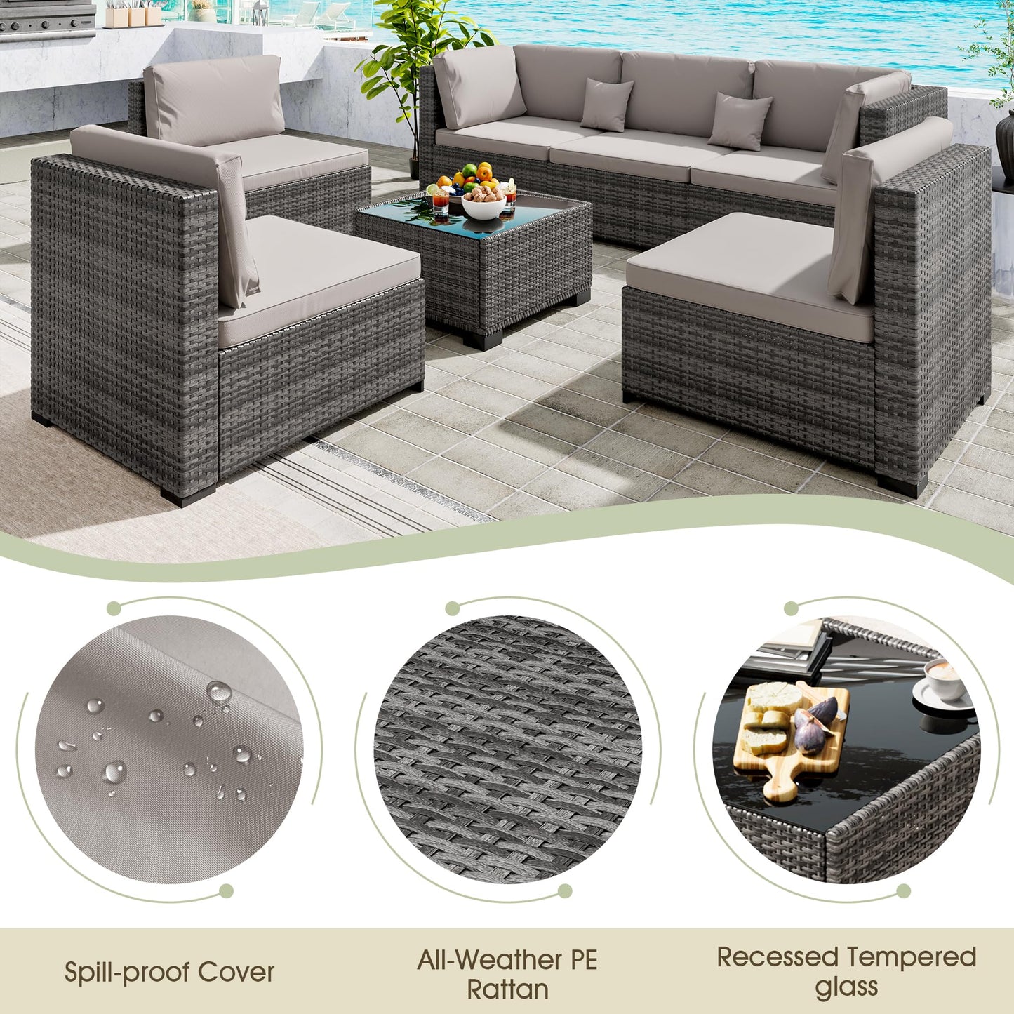 LHBcraft 7 Pieces Outdoor Furniture Set, Wicker Furniture Patio Conversation Sets with Tea Table and Thickened Beige Cushions,Grey Outdoor Patio Sectional Sofa for Garden, Poolside, Backyard