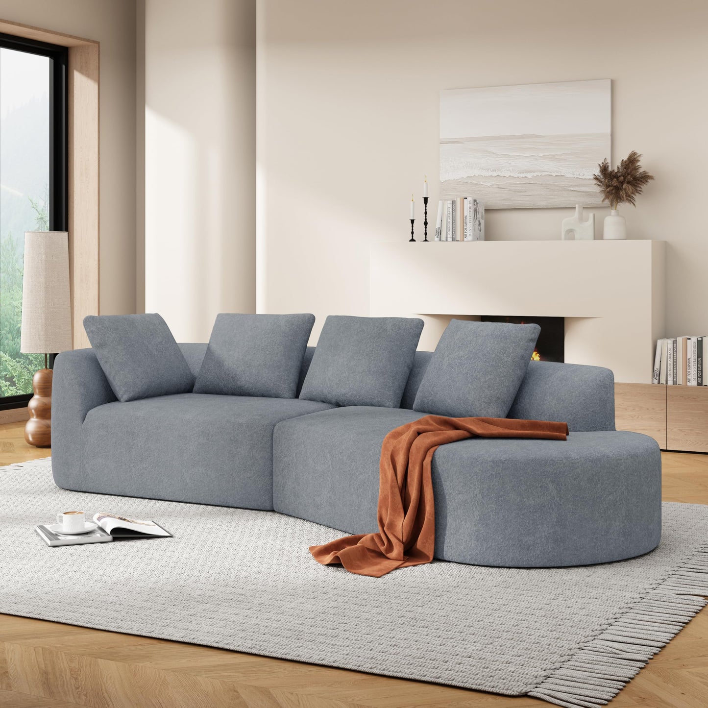 Merax 116" Curved Polyester Sectional Sofa, Modern Pearl Upholstery 3 Seat Cloud Couch with Chaise Lounge & 4 Pillows for Living Room, Light Gray