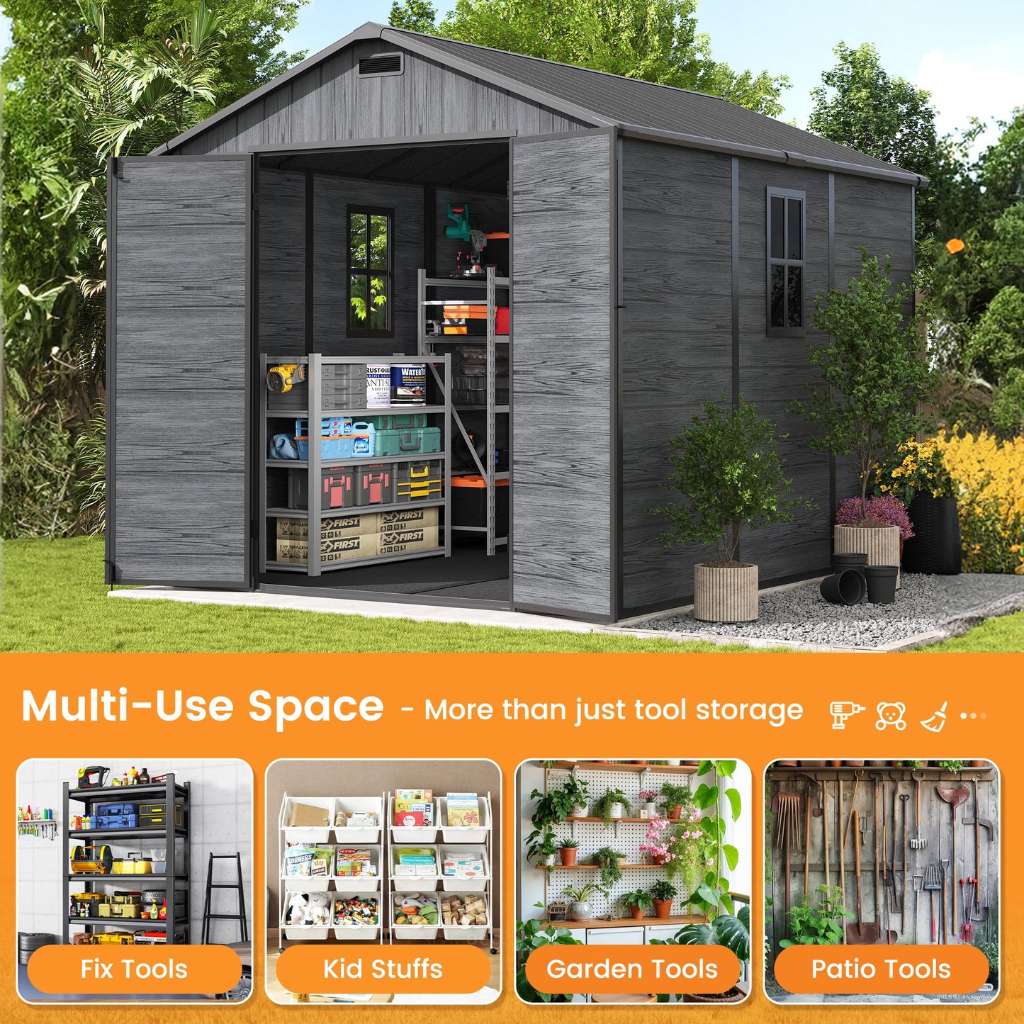 UDPATIO Outdoor Resin Storage Shed 8 x 10 FT, Plastic Storage Shed with Floor Large Outdoors Garden Tool Storage Shed Outside Clearance Shed with Lockable Door for Bike, Backyard, Patio, Deep Grey