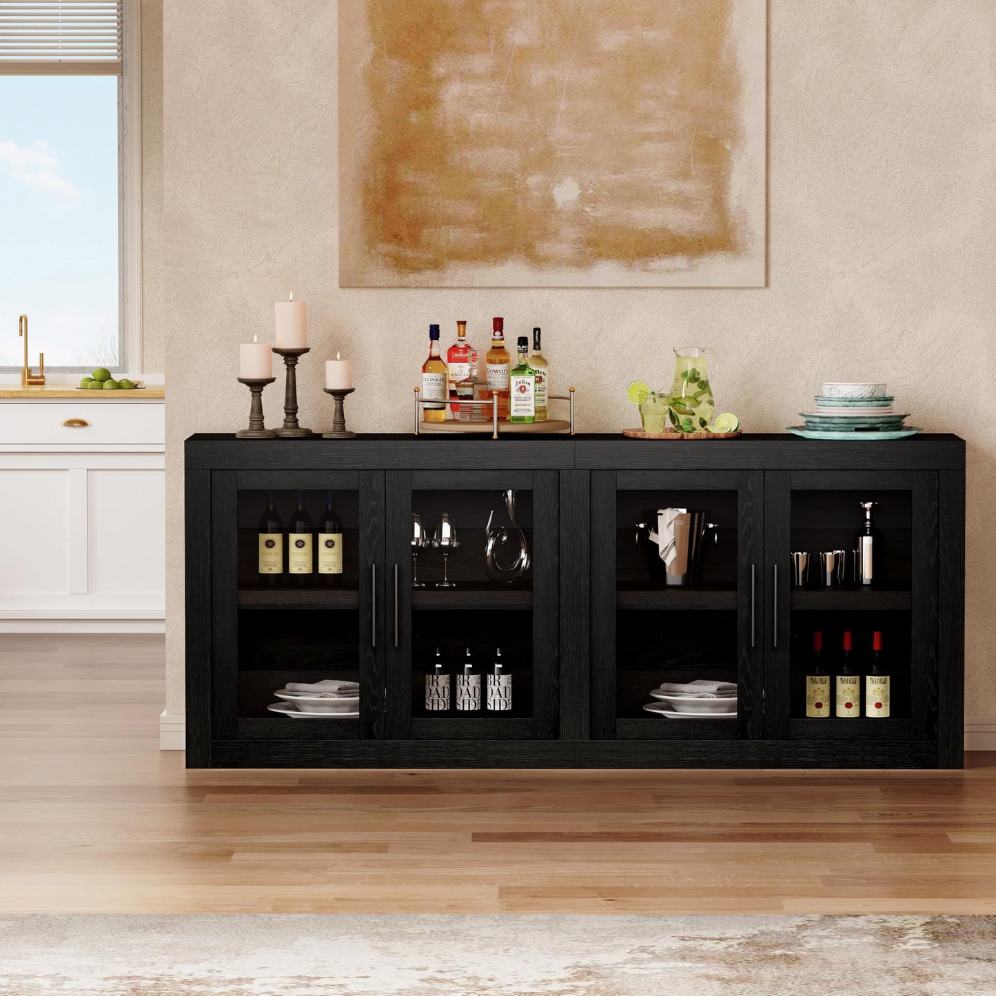 70.8" Sideboard Buffet Cabinet with 4 Glass Doors, Farmhouse Modern Accent Cabinet with Storage, Wood Coffee Bar Media Console Credenza for Living Room, Kitchen, Hallway, Black