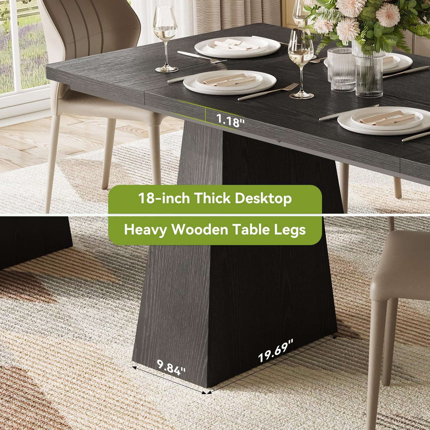 LITTLE TREE Dining Table for 4-6 People, Wooden Table, Rectangle Furniture with Heavy Duty Legs, Modern Kitchen Table for Home, Dining Room, Black