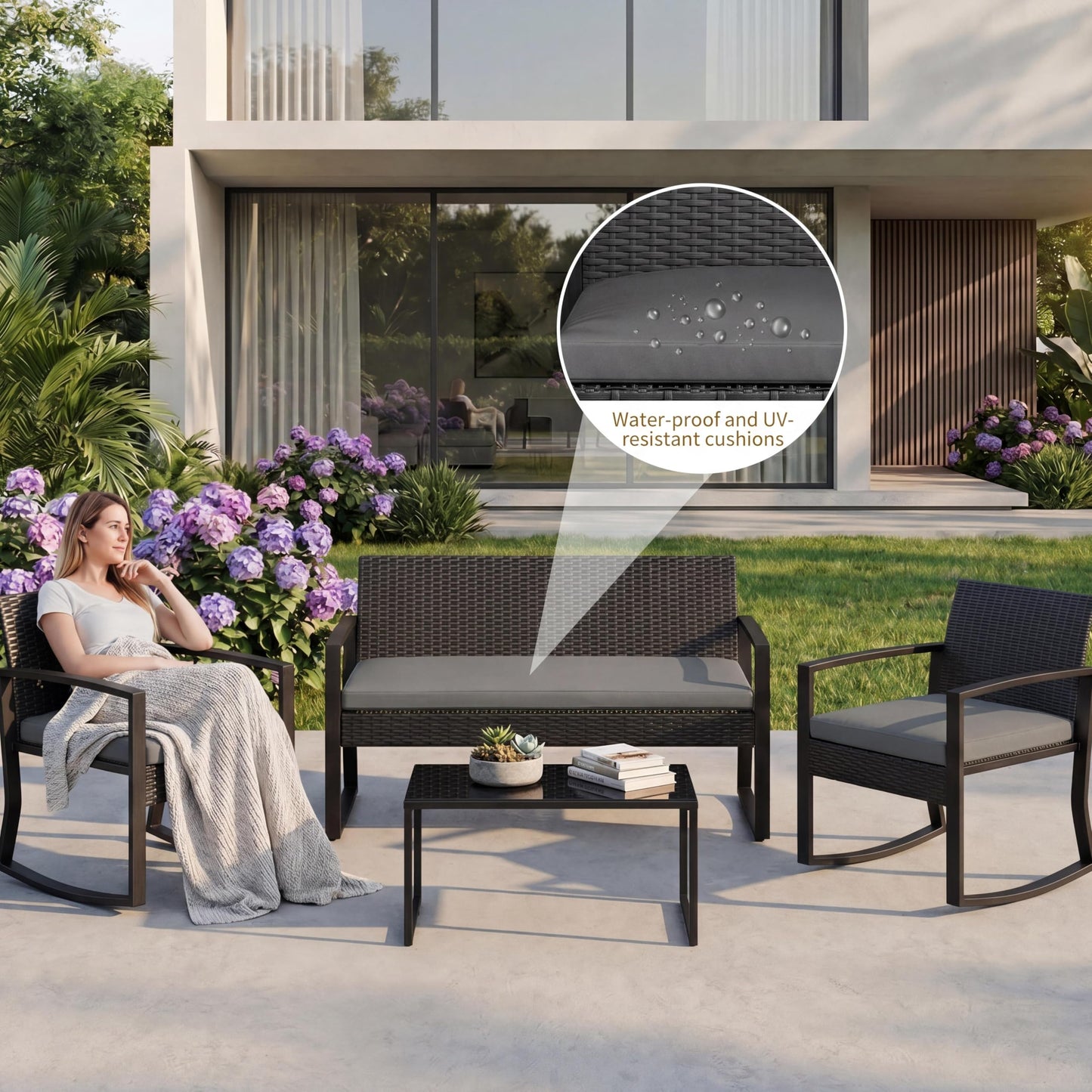 Garvee 4 Piece Patio Furniture Set, PE Rattan Outdoor Rocking Chair Conversation Set with Coffee Table, Outdoor Wicker Patio Table and Chairs Set for Patio, Porch, Backyard, Grey