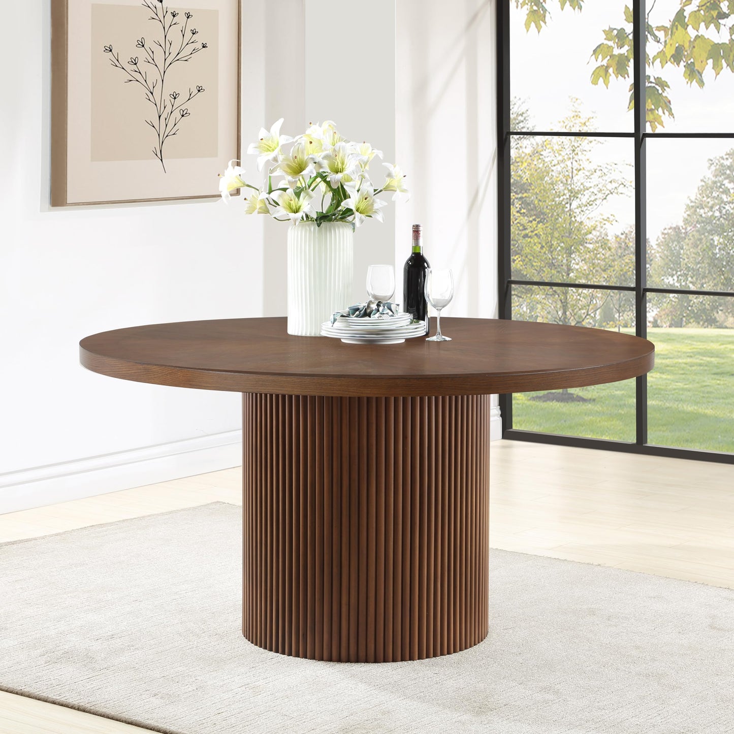 Meridian Furniture 730Brown-T Belinda Collection Modern | Contemporary Dining Table with Solid Wood Base, Dark Walnut Brown Finish Oak Wood Veneer, Round Top, Fluted Base, 60" W X 60" D X 30" H, Brown