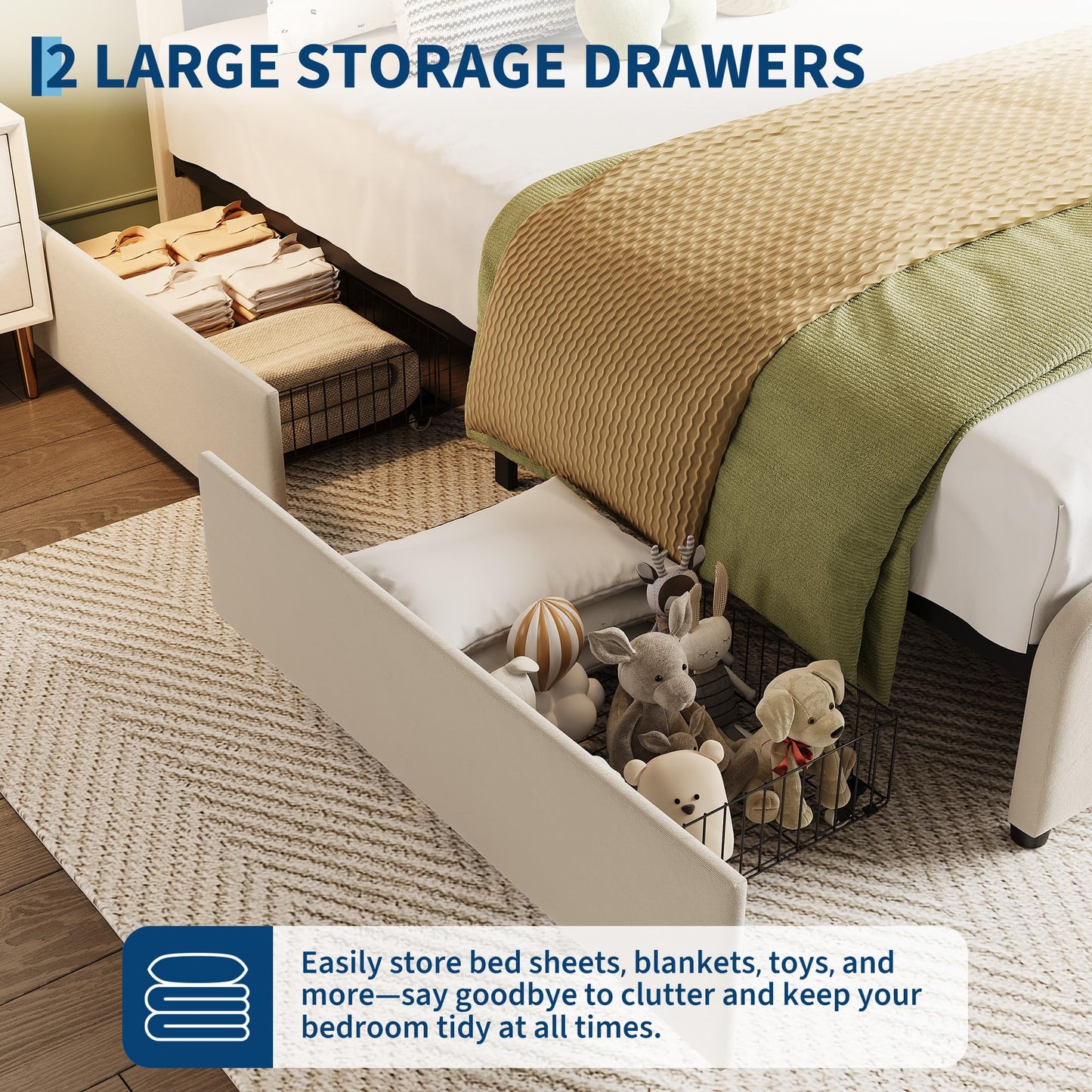 Garvee Queen Size Bed Frame with 2 Storage Drawers and LED Lights, Upholstered Platform Queen Bed with Adjustable Headboard, Wooden Slats Support, No Box Spring Needed, Easy Assembly, White