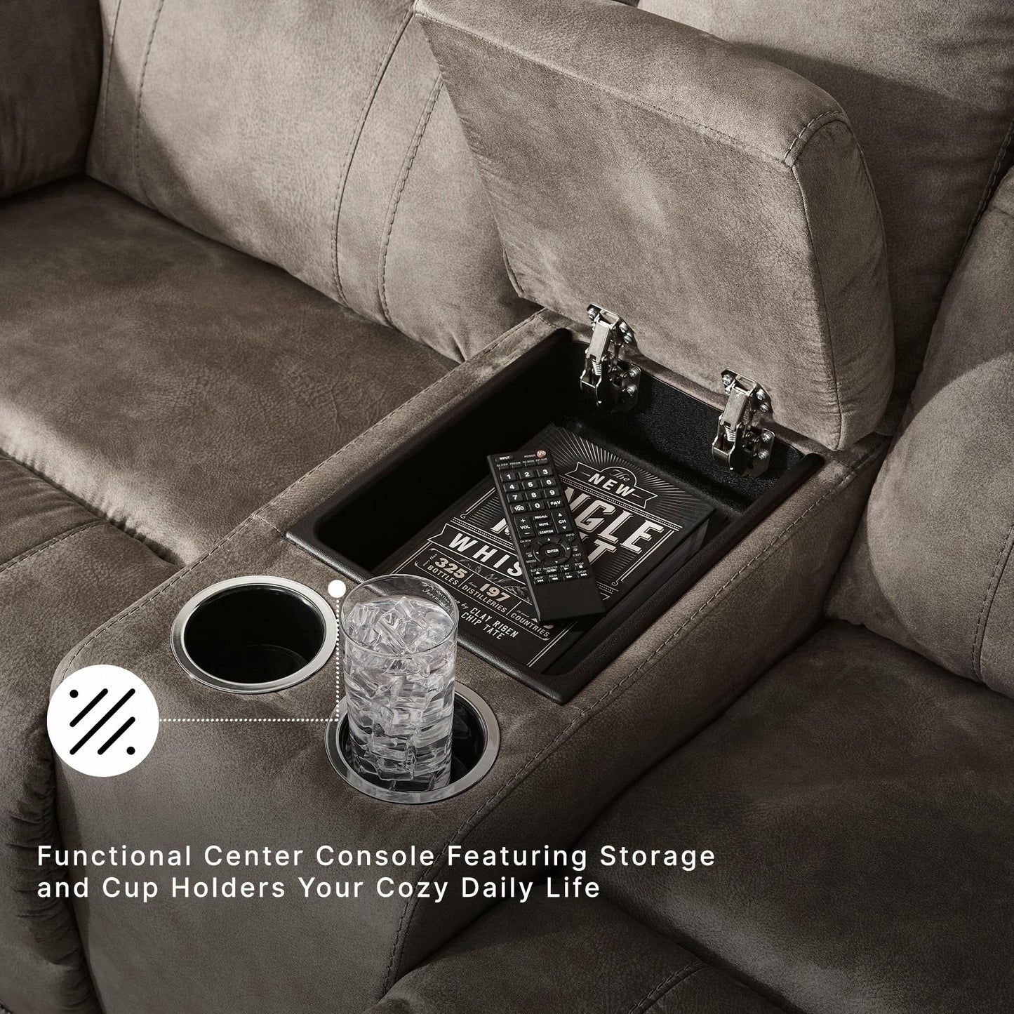Signature Design by Ashley Laresview Contemporary Faux Leather Manual Double Reclining Loveseat with Console, Storage and Cup Holders, Gray