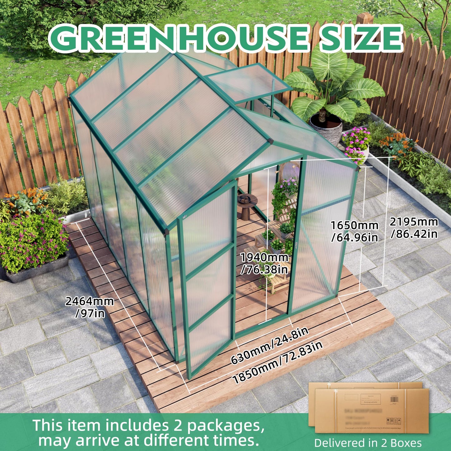 6x10FT Walk-in Polycarbonate Greenhouse Kit, Heavy Duty Aluminum Frame Outdoor Greenhouse with Raised Base, Vent & Drainage System, UV Resistant Plant House for Backyard Garden All Season Use