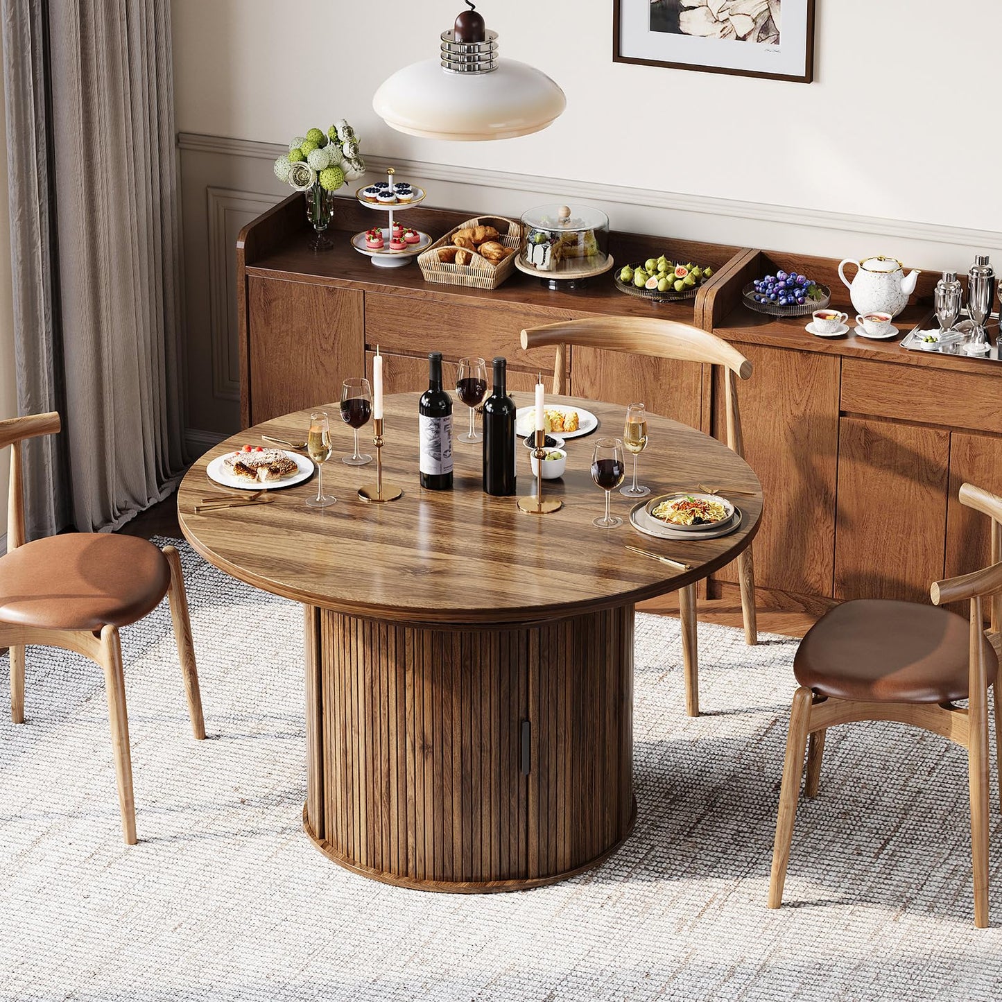 Garvee Extendable Round Dining Table with 2-Tier Storage Shelf & Drawer, 47.5 to 63 Inch Expandable Kitchen Table for 4-8 PM, Modern Farmhouse Fluted Pedestal Oval Circle Dinner Table, Walnut