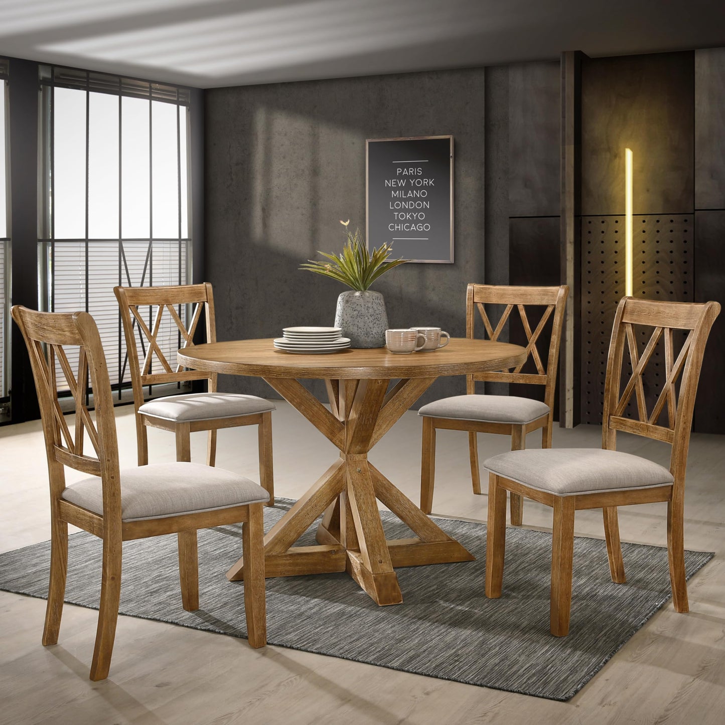 Roundhill Furniture Windvale Cross-Buck Wood 5-Piece Dining Set, Brown