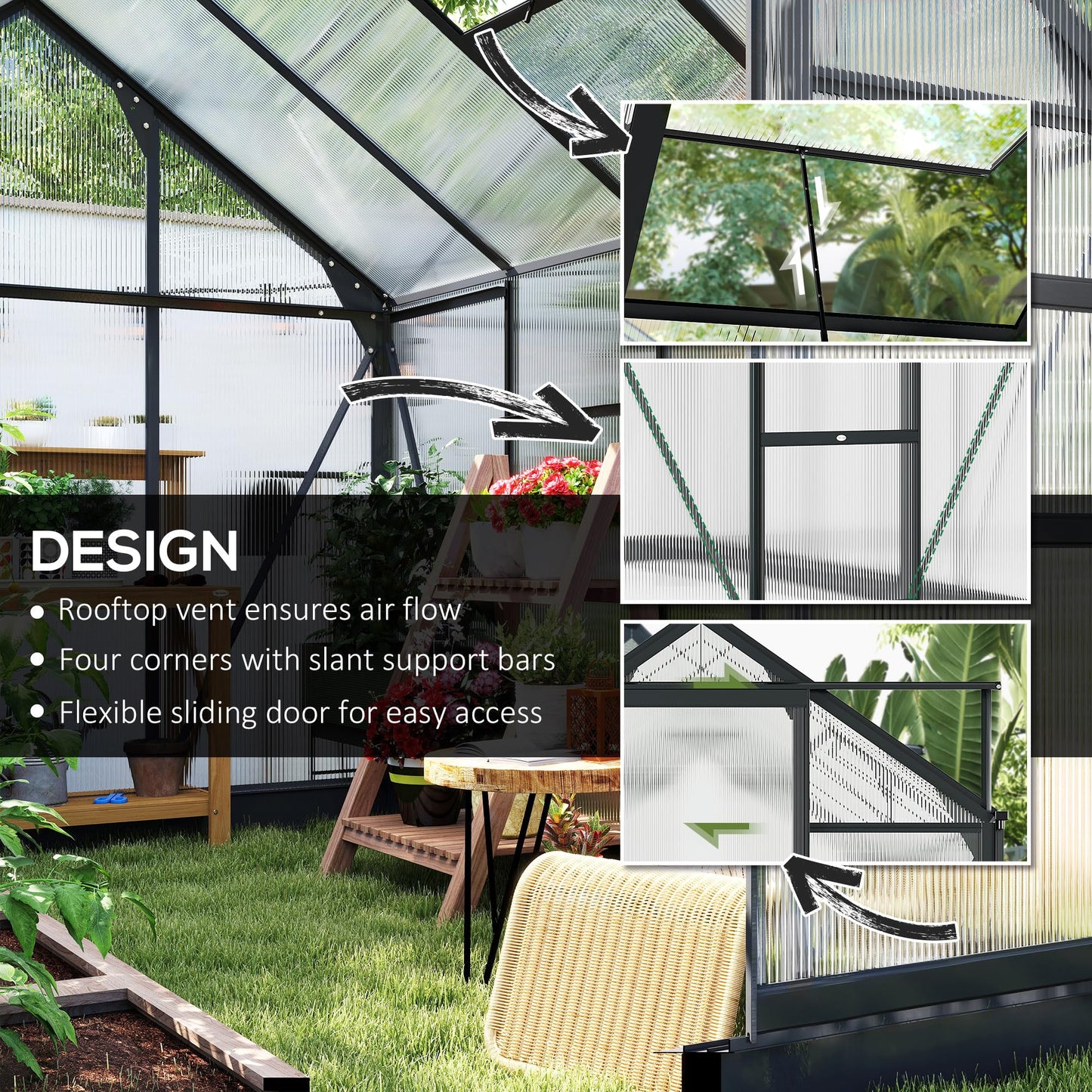 Outsunny 6' x 8' Greenhouse for Outdoors, Polycarbonate Greenhouse with Rain Gutter and Roof Vent, Aluminum Walk-in Green Houses with Push Door for Outside for Patio Backyard Garden, Gray