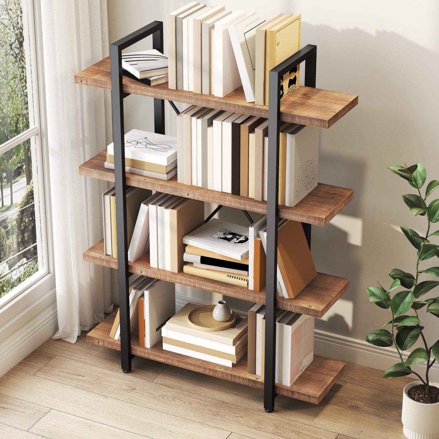 HSH Industrial 4 Tier Solid Wood Bookcase, Real Natural 4 Shelf Rustic Wooden and Metal Bookshelf, Farmhouse Open Vintage Etagere Book Shelf for Office Living Room Bedroom Storage, Distressed Brown