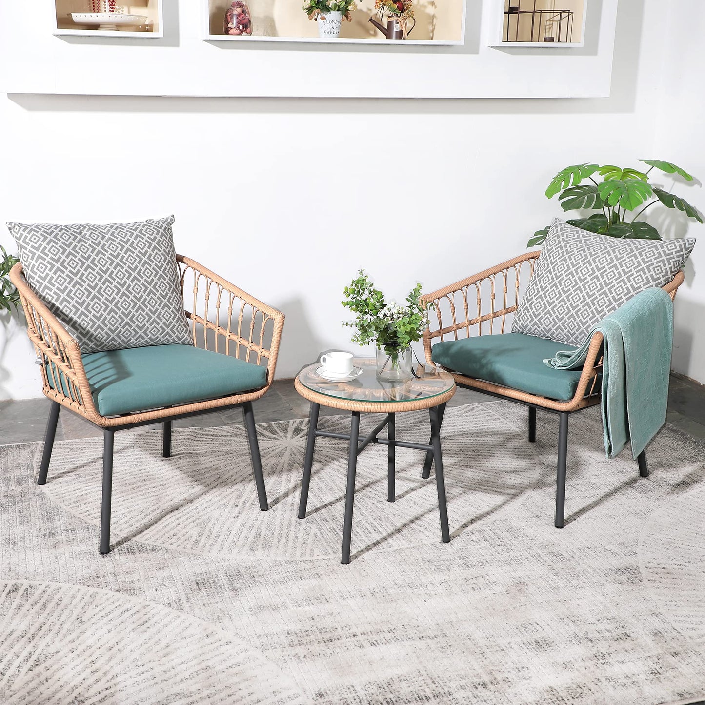 Yangming 3 Piece Patio Furniture Outdoor Conversation Bistro Set with Tempered Coffee Table and Wicker Chairs for Garden Balcony Backyard Yard Poolside, Green (QX-MA-WF-001)