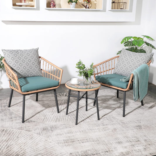 Yangming 3 Piece Patio Furniture Outdoor Conversation Bistro Set with Tempered Coffee Table and Wicker Chairs for Garden Balcony Backyard Yard Poolside, Green (QX-MA-WF-001)
