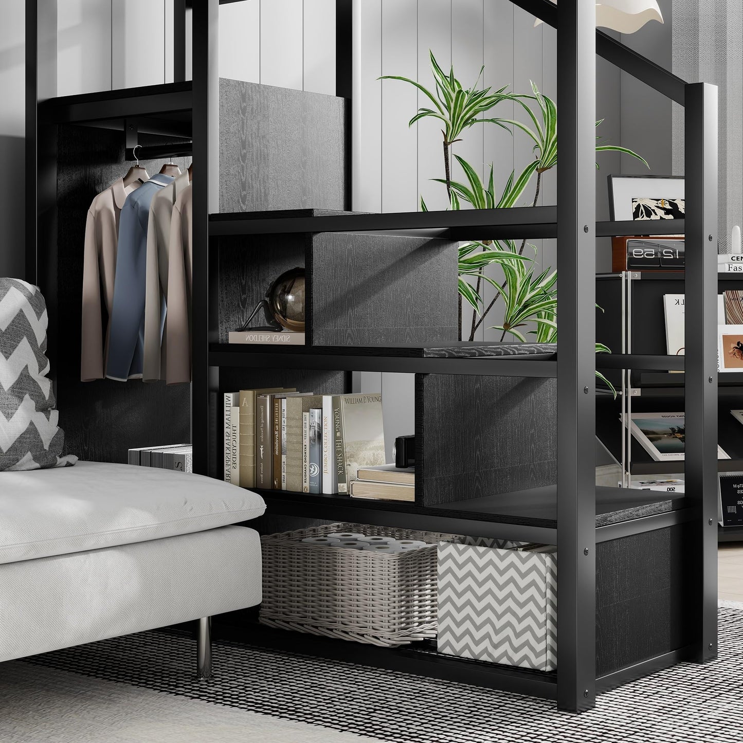 KEIKI Full Size Metal Loft Bed Frame with Convertible Staircase, Built-in Storage Shelves and Wardrobe, Loft Bed with Solid Slats, Guardrail, No Box Spring Required, Easy Assembly, for Bedroom, Black