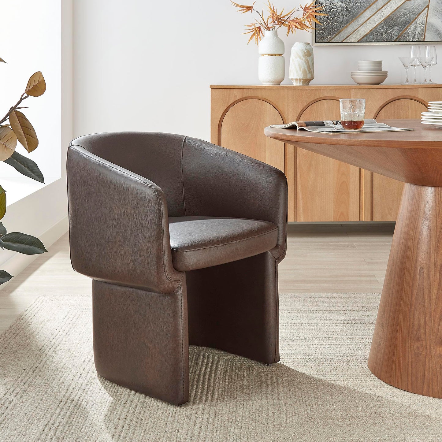 Modway Verity Vegan Leather Dining Chair with Rounded Back in Espresso – Upholstered Barrel Accent Chair with Armrests for Kitchen, Office, or Living Room
