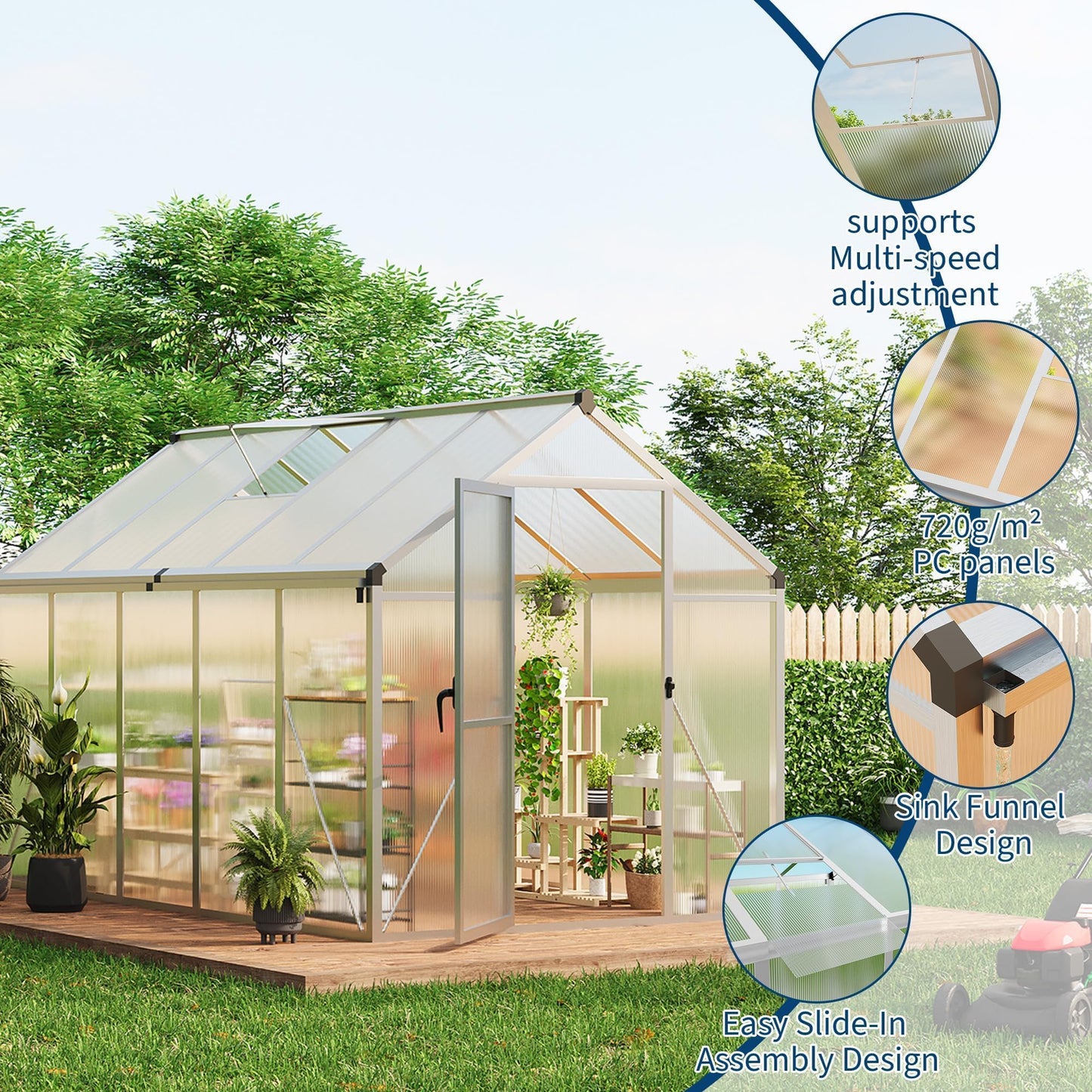 6X10 FT Greenhouse for Outdoors, Polycarbonate Flower Greenhouse with Roof Vent, Push-Pull Lockable Door, Aluminum Walk-in Greenhouses for Outside Garden Backyard, Patio, Lawn, Silver
