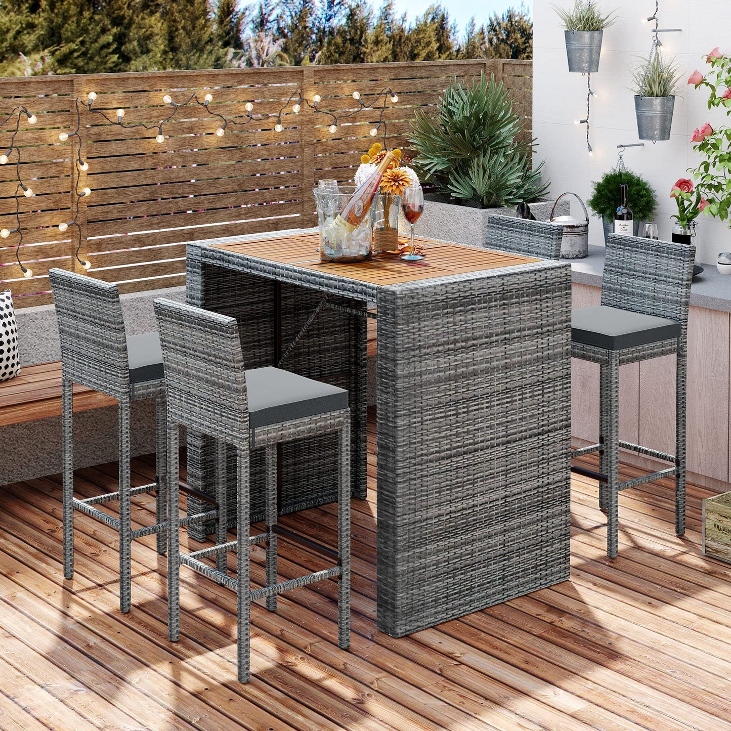 Merax 5 Pieces Outdoor Patio Wicker Bar Set, 4 Bar Height Chairs with Nonslip Feet and Gray Removable Cushion, Dining Table with Brown Acacia Wood Top and Gray Wicker