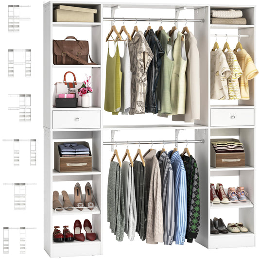 Unikito 58" W - 90" W Closet System, Large Walk in Closet Organizer with 3 Hanging Rods and Shelves, Heavy Duty Wood Closets Wardrobe with 2 Drawer & Shoe Rack, Sturdy Reversible Clothing Racks, White