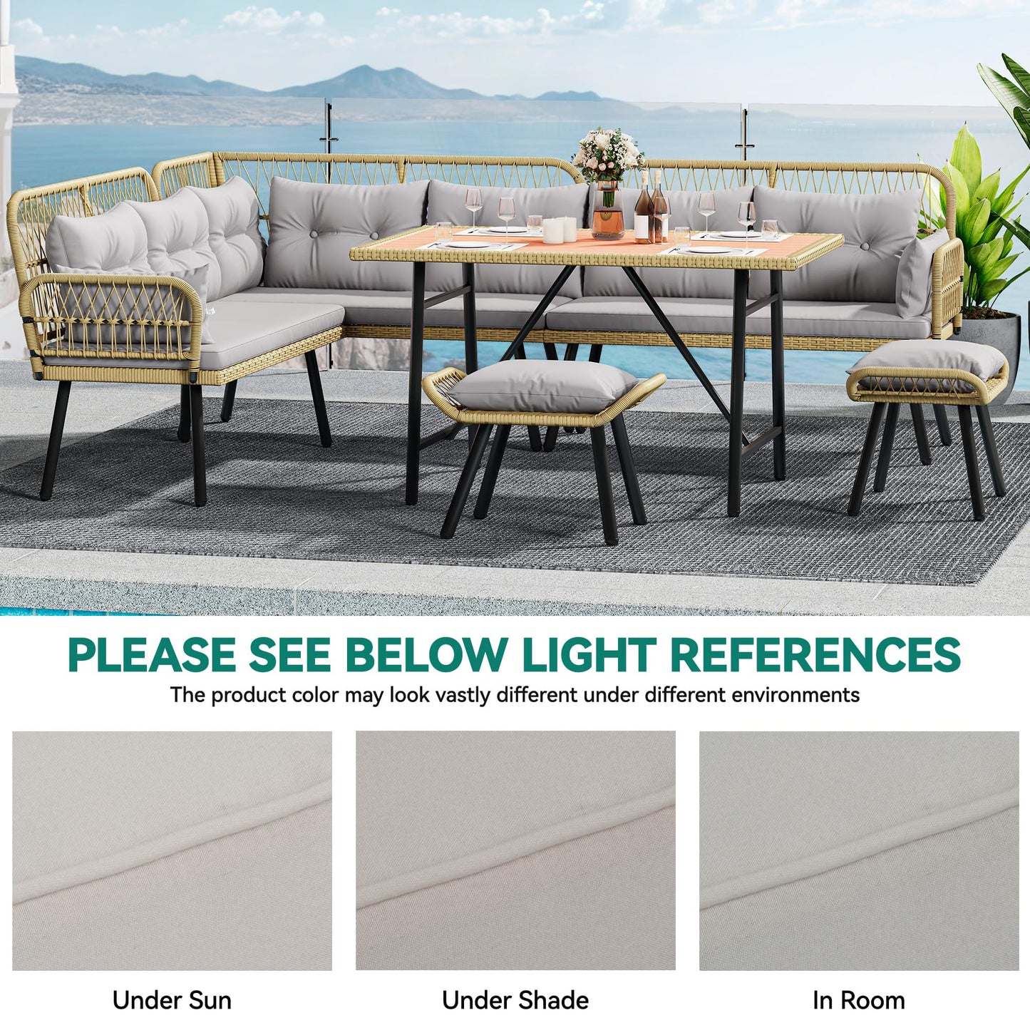 YITAHOME Patio Wicker L-Shaped Furniture Set, All-Weather Rattan Outdoor Conversation Sofa Set for Backyard Deck with Soft Cushions,Ottomans and Wood-Like Dining Table, Light Brown+Gray
