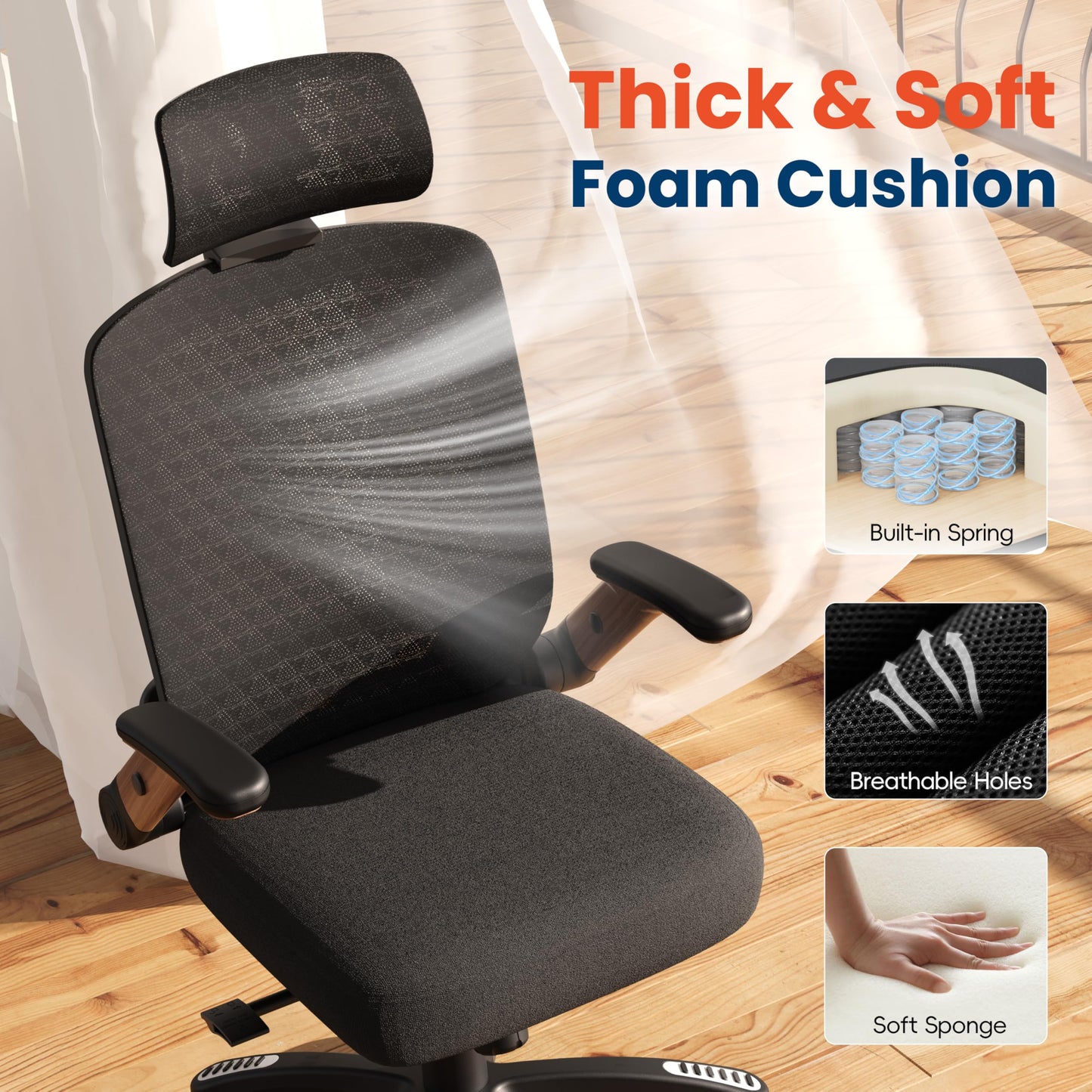GABRYLLY Ergonomic Office Chair, High Back Home Desk Chair with Flip-Up Arms, 3D Headrest, Thick Sponge Seat &90-120° Recline, Big and Tall Mesh Executive Chairs for Man Woman, Black Woodgrain