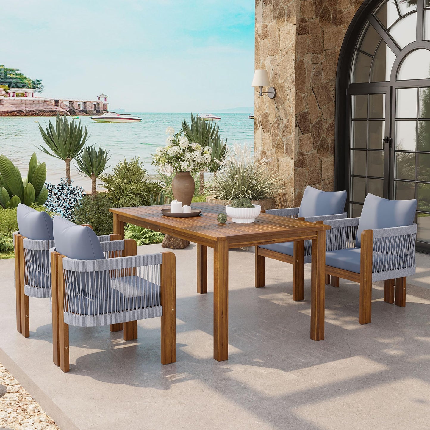 Merax Luxury 5-Piece Outdoor Patio Dining Set for 4, Solid Acacia Wood Dinning Set with Rope Woven Chairs,Farmhouse Dining Furniture Set for Garden, Backyard, Poolside, Brown+Gray