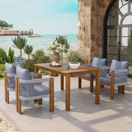Merax Luxury 5-Piece Outdoor Patio Dining Set for 4, Solid Acacia Wood Dinning Set with Rope Woven Chairs,Farmhouse Dining Furniture Set for Garden, Backyard, Poolside, Brown+Gray