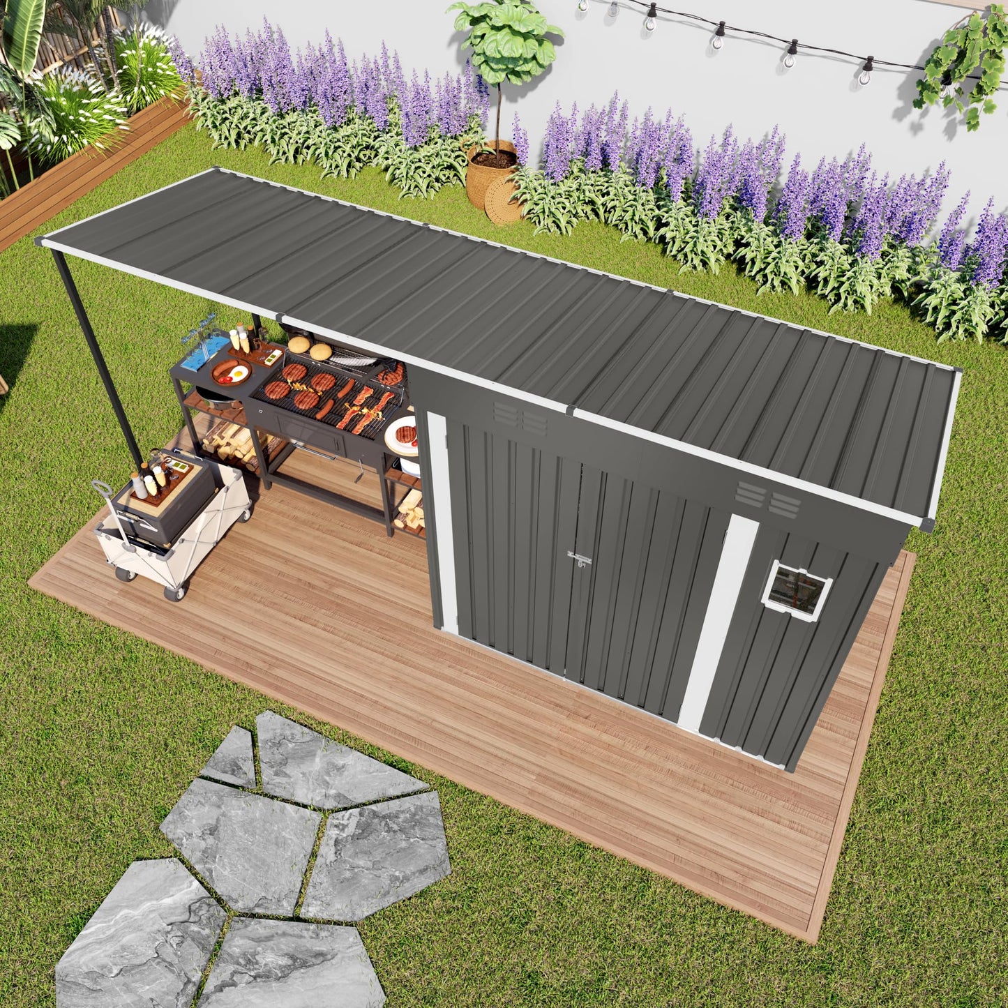 12x4FT Metal Lean-to Shed with Open-Sided Pergola, 4'x6' Outdoor Storage Shed & 6'x4' Hardtop Gazebo Combo, 2-in-1 Garden Storage Tool Shed for Patio, Backyard, Outdoor Organization Structure