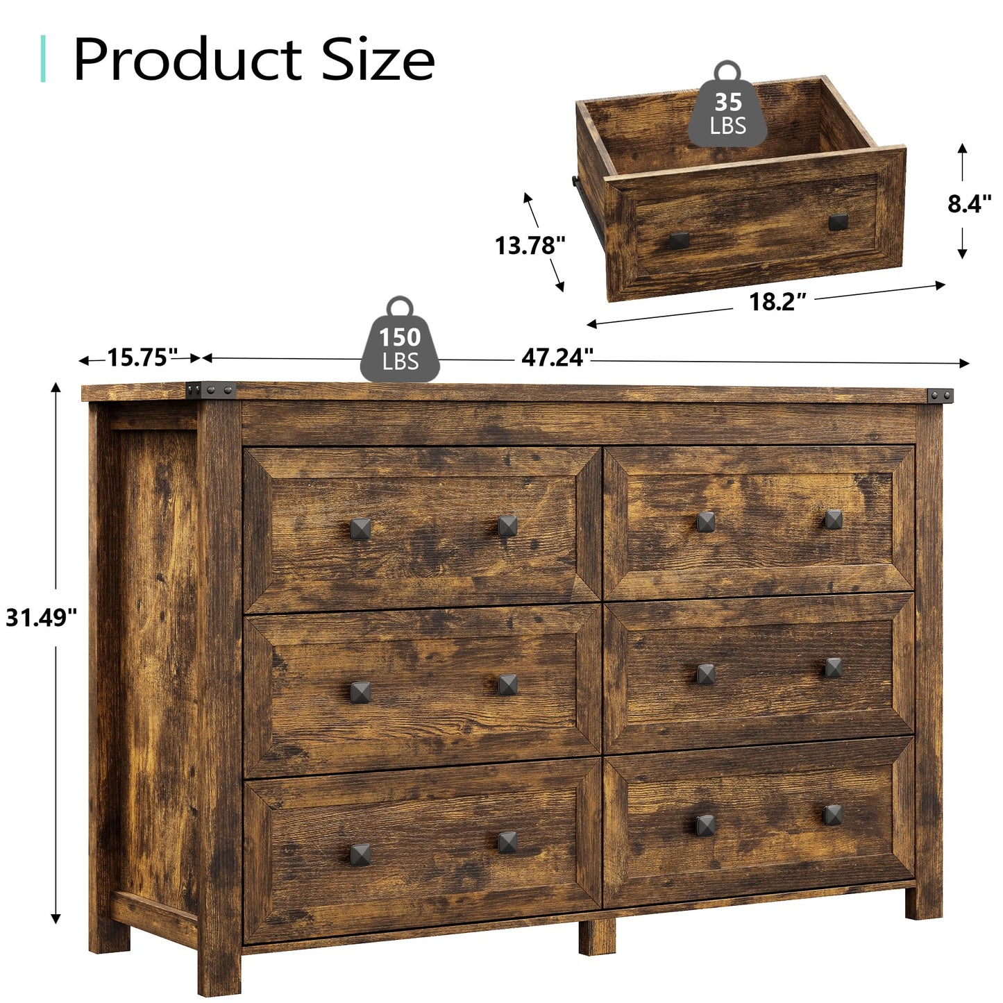 Dresser for Bedroom with 6 Drawers, Farmhouse Wood Chest of Drawers, Wide TV Stand Closet Storage Furniture with Metal Handle, Modern Clothes Organizer for Hallway, Living Room, Entryway, Brown
