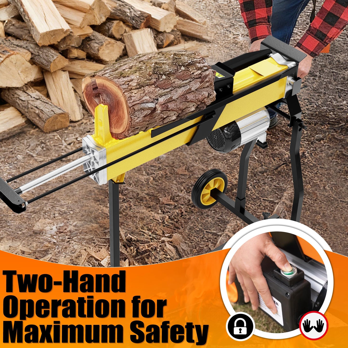 PPOLB 7 Ton Electric Wood Splitter, 15Amp Hydraulic Log Splitter with Stand, Portable Electric Log Splitter for Firewood, Compact Horizontal Wood Splitter for Backyard, Garage, Cabin - Yellow