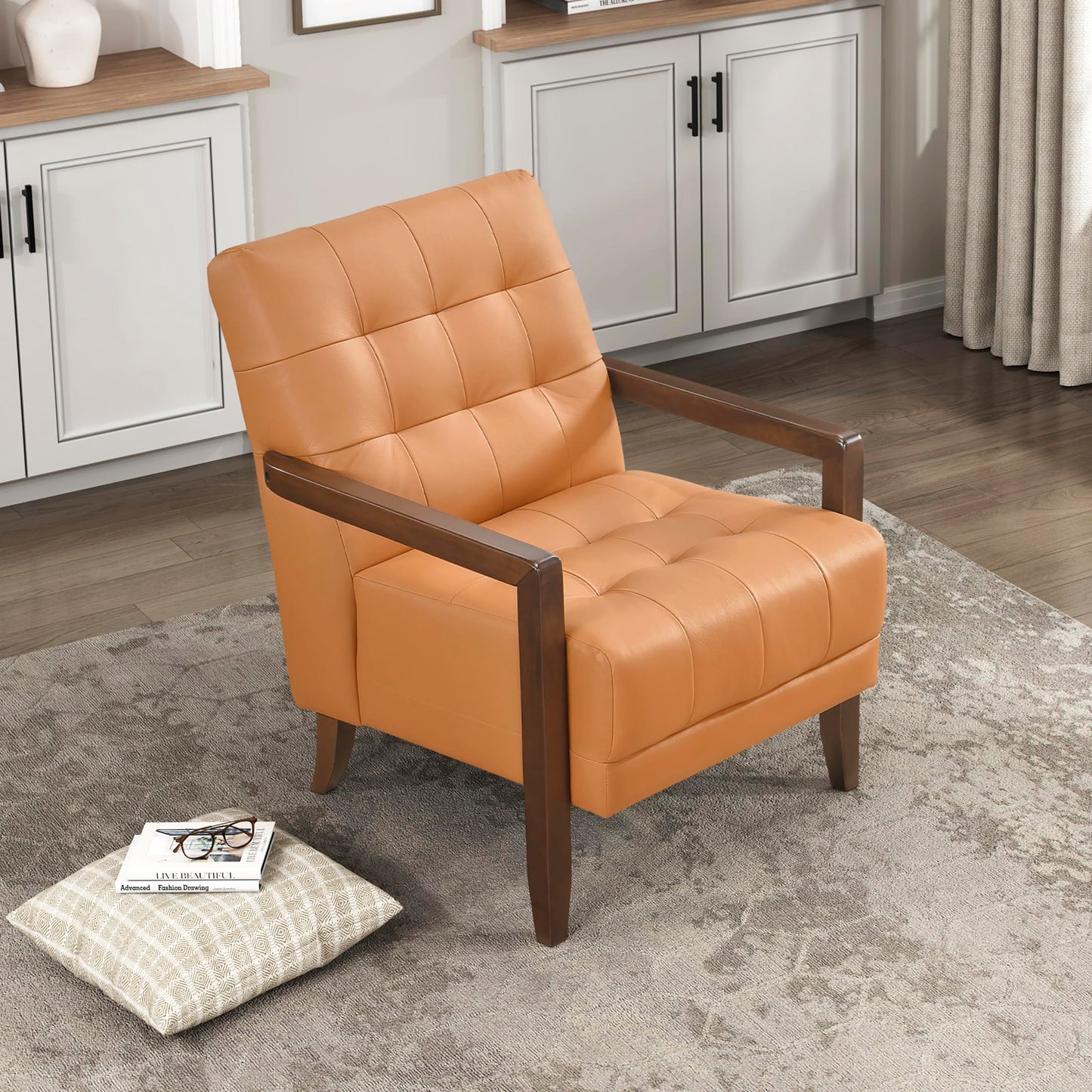 Lexicon Modern Accent Chair, Luxury Genuine Leather Match Living Room Chair with Tufted Cushions, Solid Wood Frame and Arm Rest, Comfy Upholstered Single Seat for Bedroom/Reading/Office, Orange