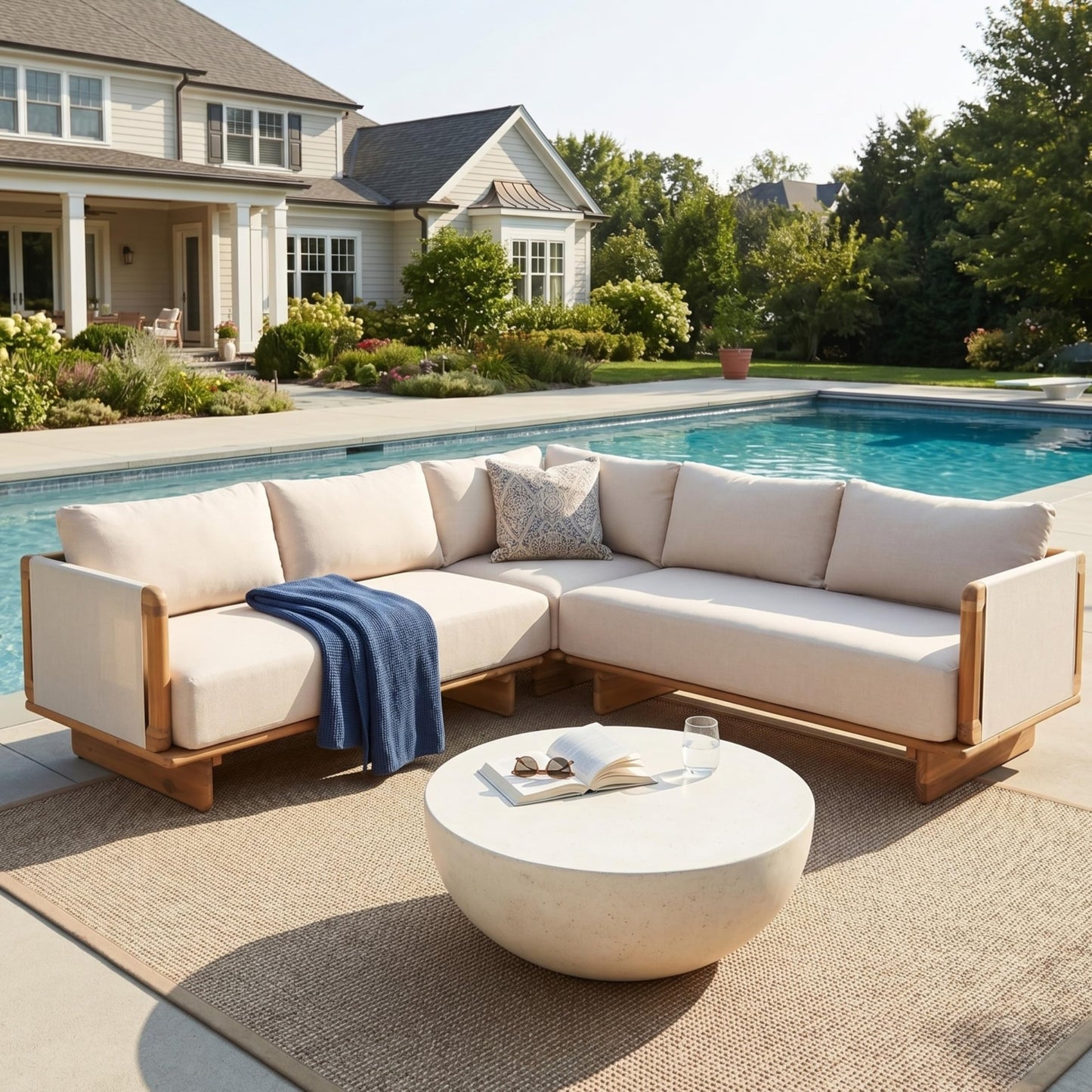 Merax 3 Piece Patio Outdoor Furniture Set, All-Weather V-Shaped Sectional Sofa with Cushions, Acacia Wood 5-Seater Couch Set for Porch, Lawn, Backyard, Balcony, Light Teak+ Beige