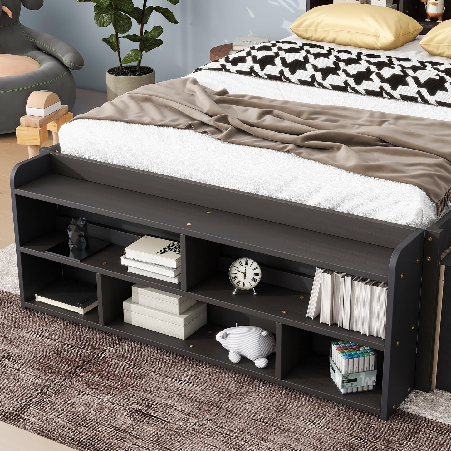 KEIKI Full Size Storage Bed Frame with Bookcase Headboard, 6 Underbed Drawers and Bed End Storage Case, Wooden Platform Bed with Shelves and Storage Cabinet for Small Bedrooms, Espresso