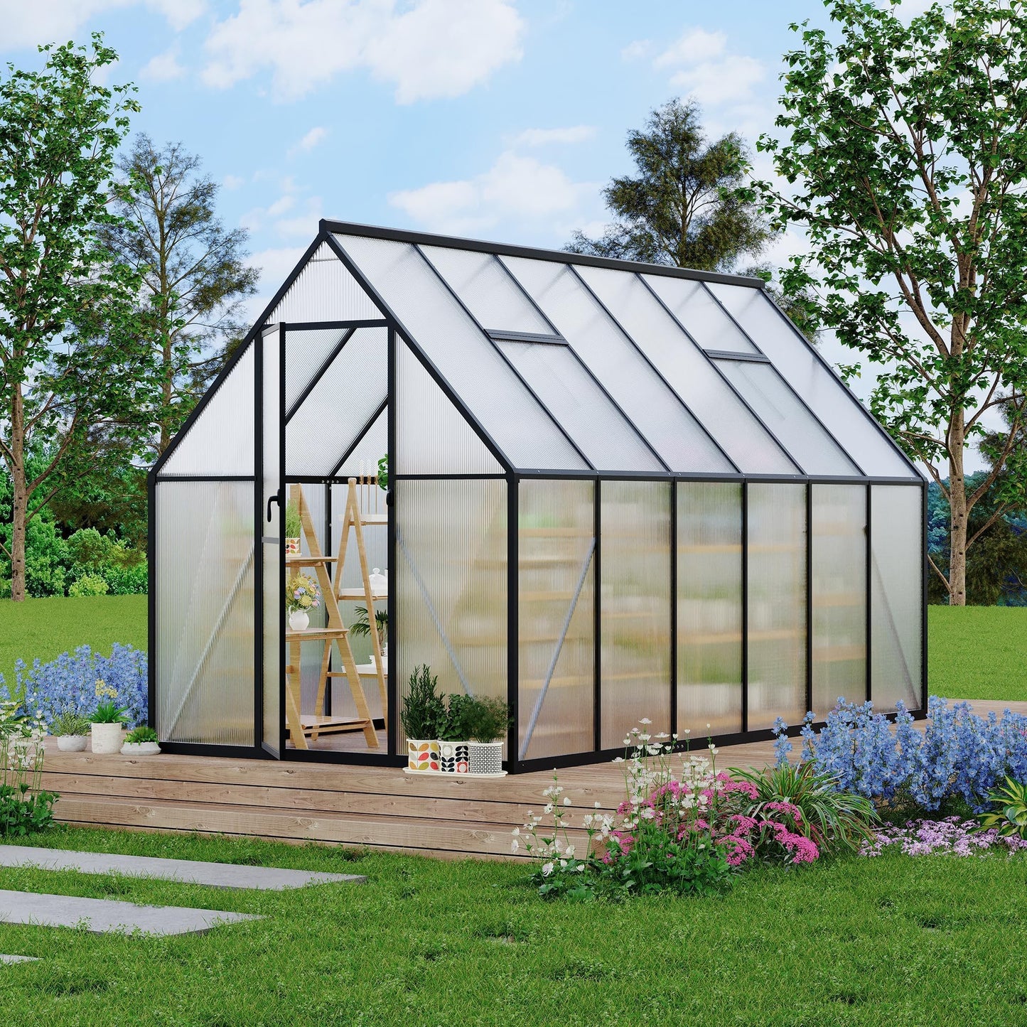CABIHOME 8x12 FT Outdoor Greenhouse, Polycarbonate Greenhouse with Roof Vent and Ground Nails, Aluminum Large Walk-in Green House w/ Lockable Push Door for Outdoor Garden (Black, 6x11 FT)