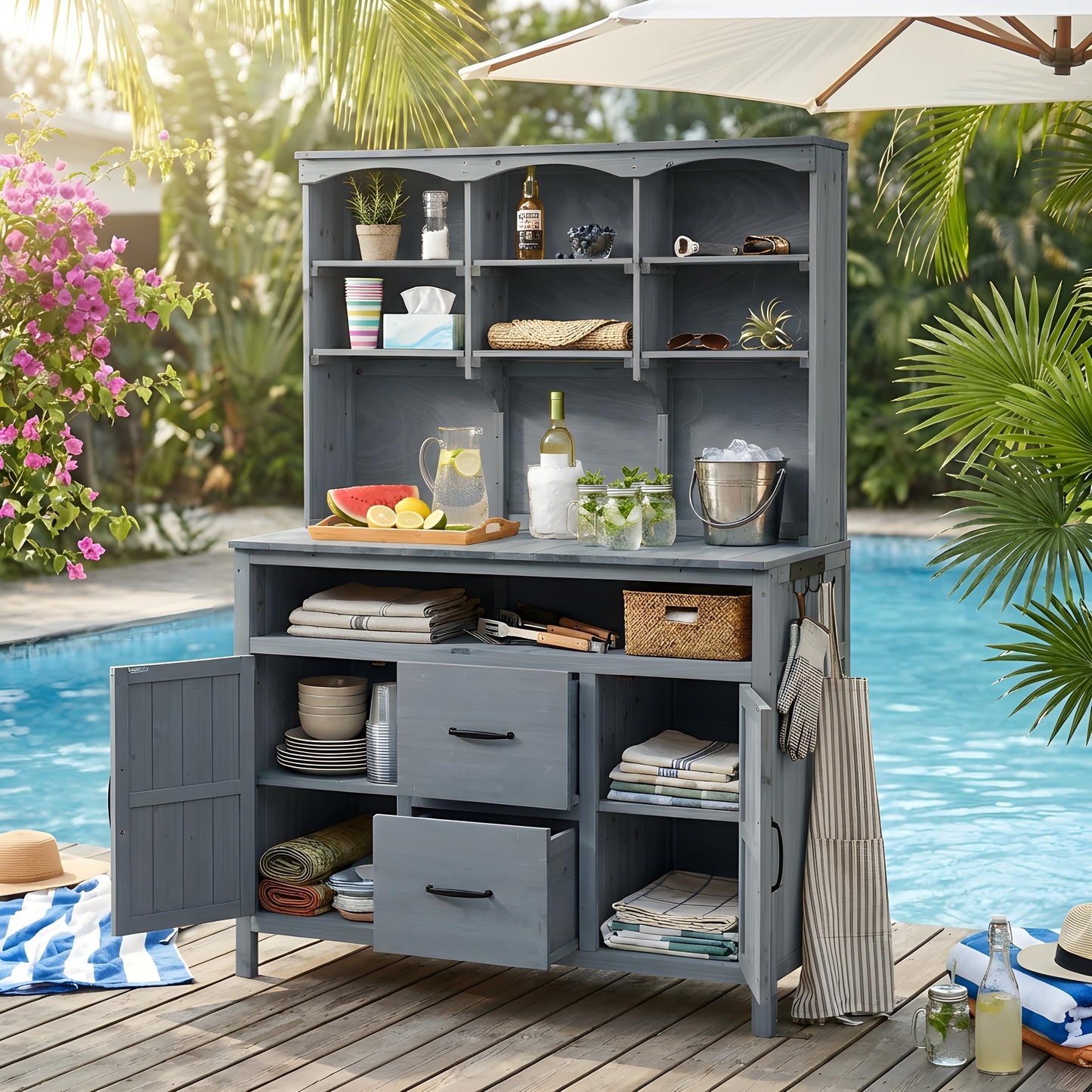 Merax 45.3" Large Outdoor Fir Wood Potting Bench with Storage, Multi-Functional Patio Kitchen Island with 6-Shelf Hutch+2 Cabinets+2 Drawers+3 Hooks, Garden Workstation for Planting, Gardening, Gray