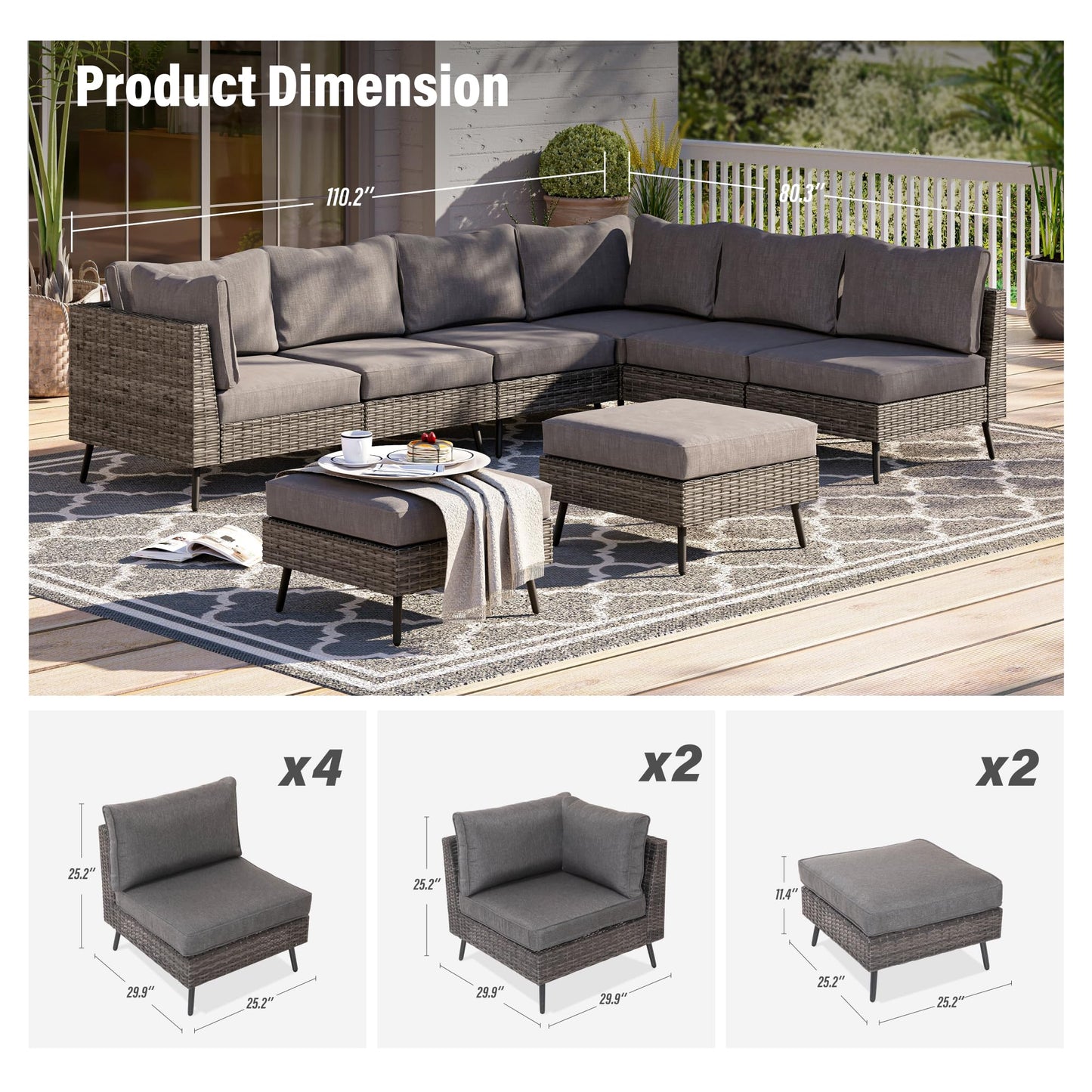 EO Living 8-Piece Patio Furniture Set, Outdoor Sectional Sofa PE Rattan Outdoor Patio Furniture with Thick Cushions, All Weather Patio Conversation Sets for Garden, Poolside, Backyard(Grey)