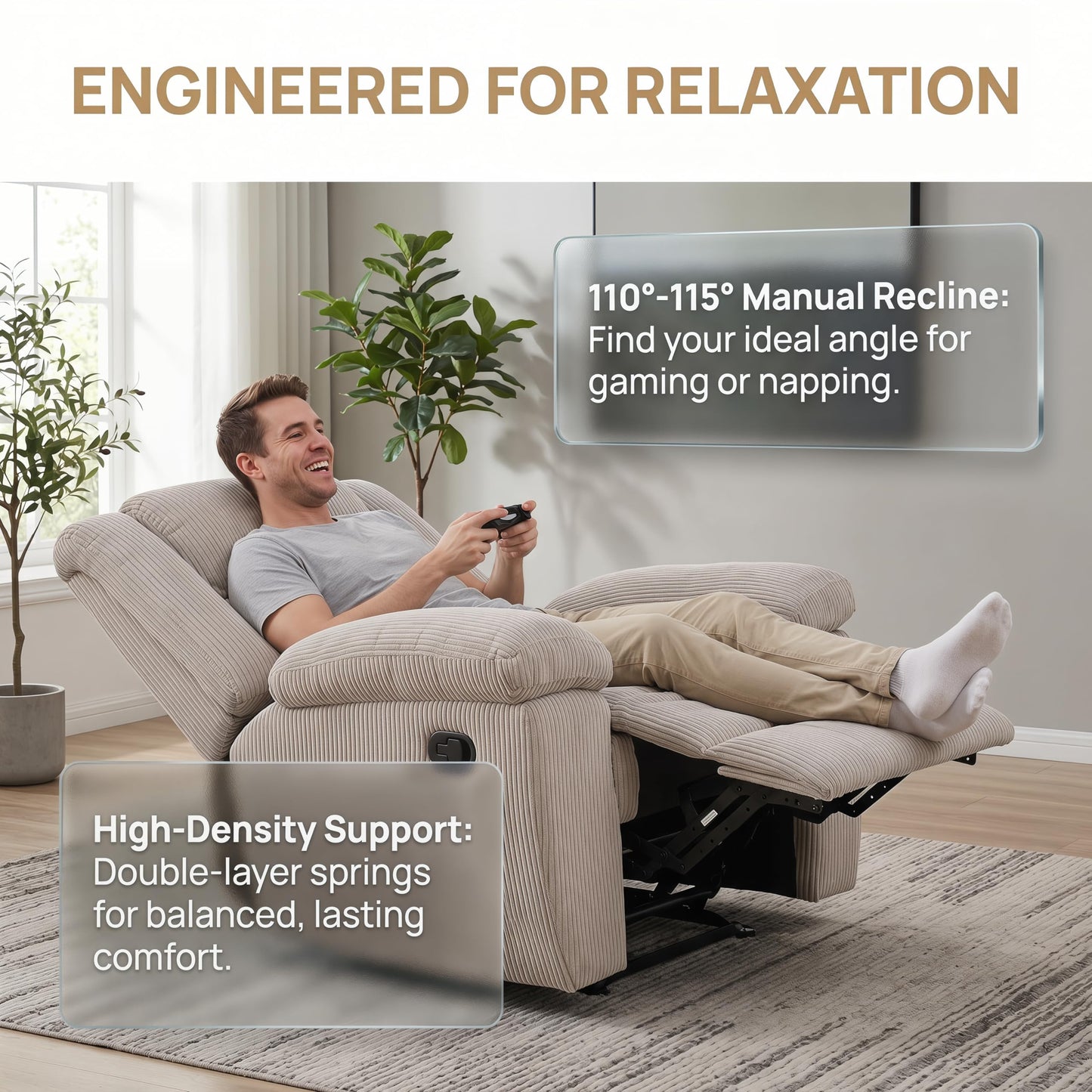 Trygoal Oversized Corduroy Recliner Chair, Manual Lazy Boy Recliner with Home Theater Seating, Breathable Living Room Reclining Chair for Adults Reading, Gaming, Relax, White