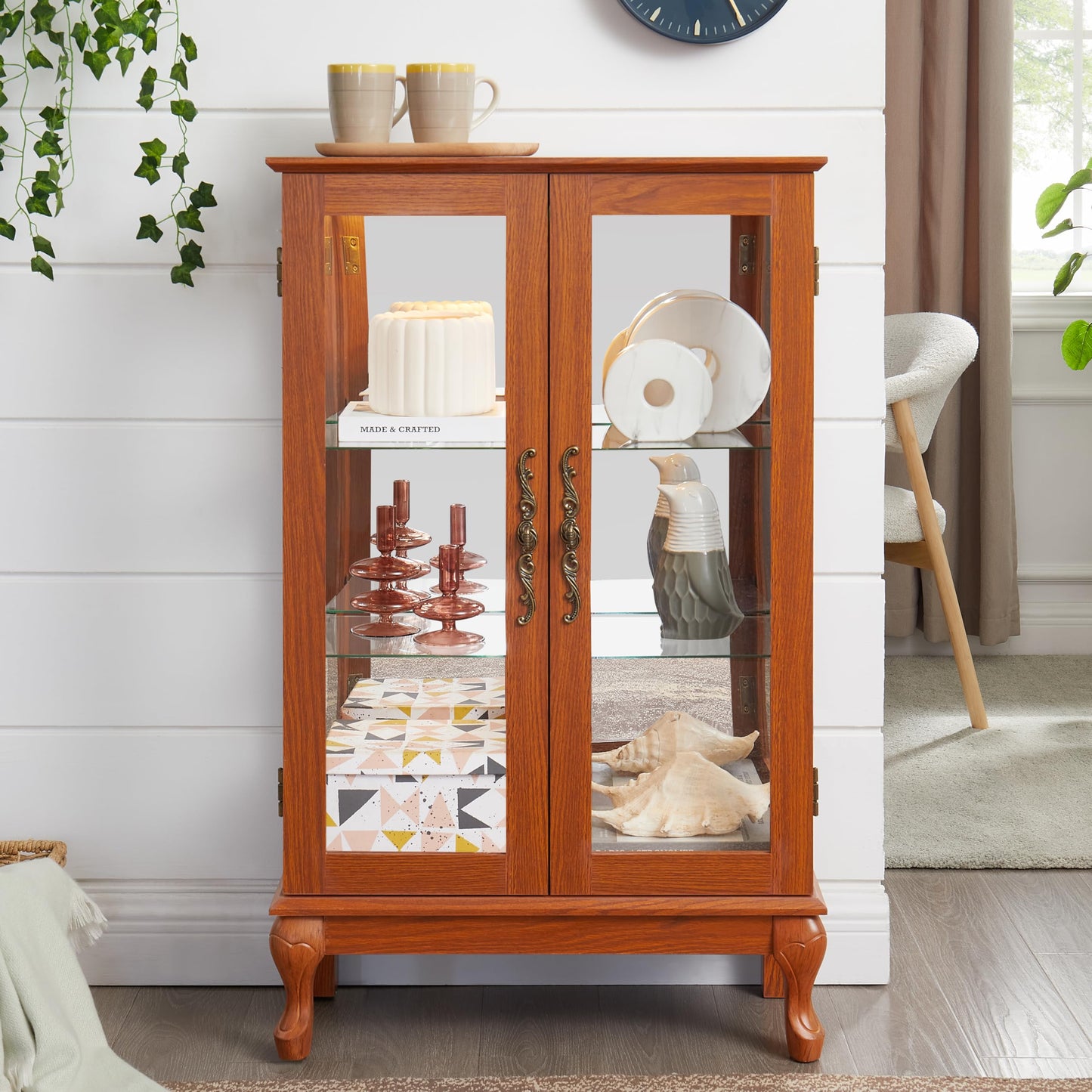 KEIKI 44" Glass Display Cabinet with Mirrored Back Panel & Adjustable Shelves, for Collectibles, Storage Curio Cabinet with 2 Door, 3-Tier Showcase Display Case, Easy Assembly, for Living Room, Oak