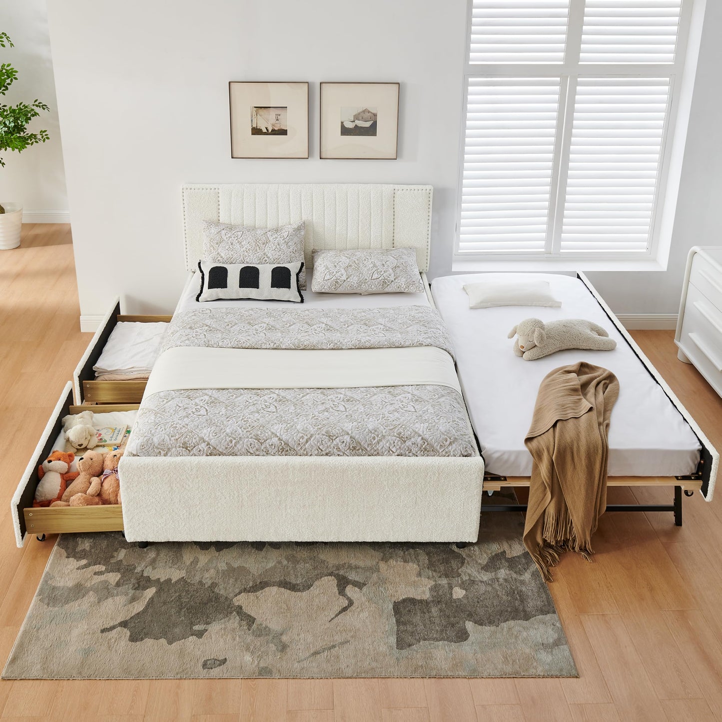 KEIKI Queen Size Upholstery Platform Bed Frame with Pull-Out Trundle & 2 Drawers, Extendable Chenille Bed with Vertical Channel Tufted Headboard & Nailhead Trim, Easy Assembly, for Bedroom, Beige