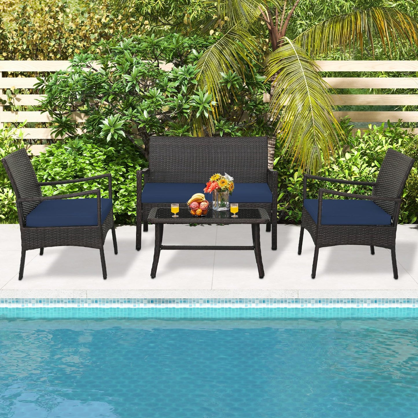 HAPPYGRILL 4-Piece Rattan Patio Conversation Set with Tempered Glass Coffee Table, Comfortable Wicker Loveseat & Chairs for Poolside, Courtyard, Balcony