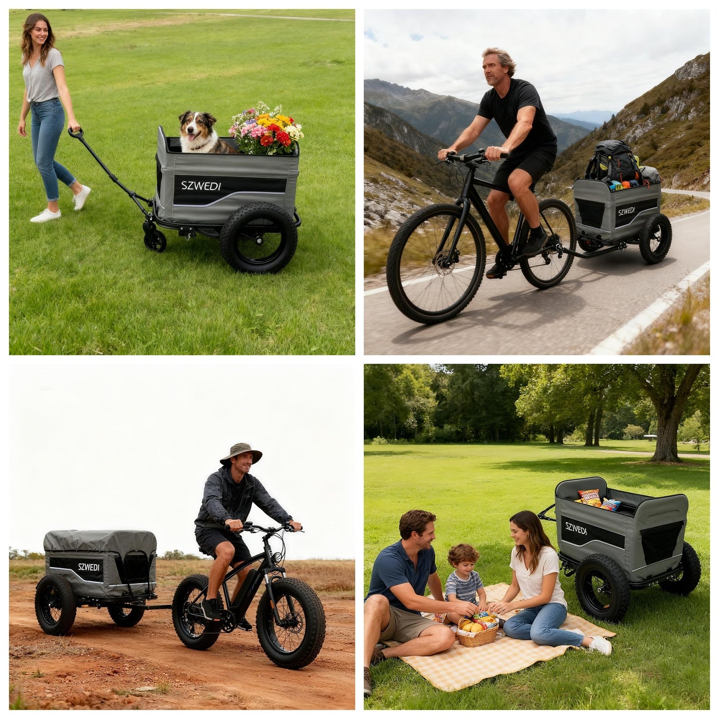 SZWEDI Bike Cargo Trailer&Hand Wagon,100 lbs Load Capacity, Heavy-Duty Bicycle Wagon Cart, Foldable Compact Storage & Quick Release with Universal Hitch, 16" Wheels